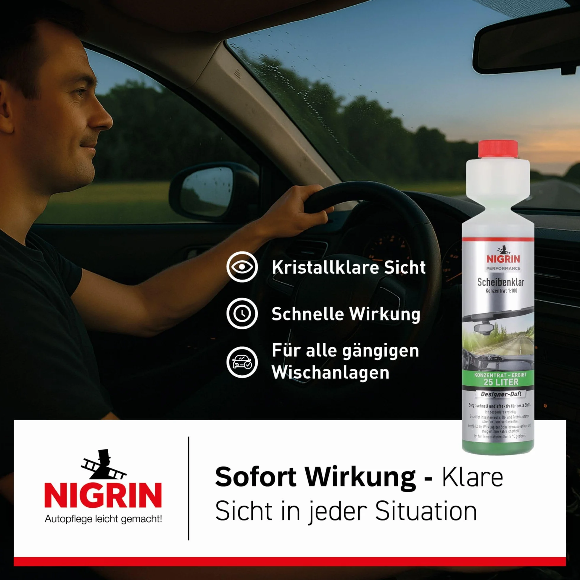 NIGRIN Scheibenklar koncentrat 1:100, szybki i skuteczny dla najlepszej widoczności, 250 ml, bezbarwny