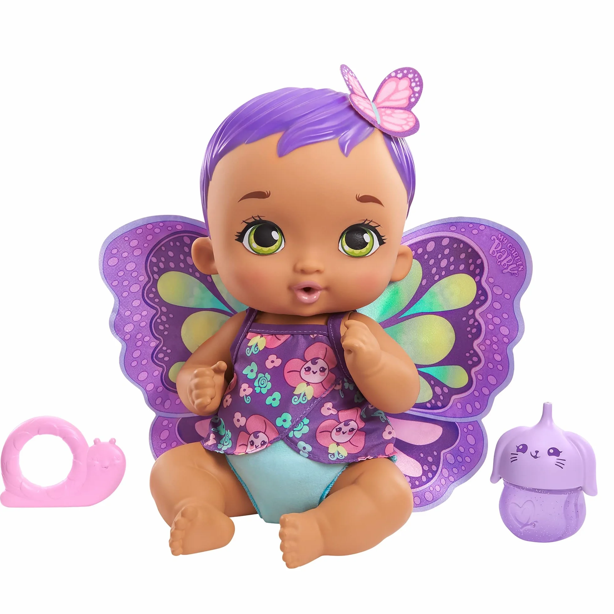 My Garden Baby Bobasek-Motylek Karmienie i przewijanie Lalka fioletowa (ok 30 cm) z pieluszką wielokrotnego użytku, zdejmowanymi skrzydełkami i ubrankiem, dla dzieci od 2 roku życia, GYP11