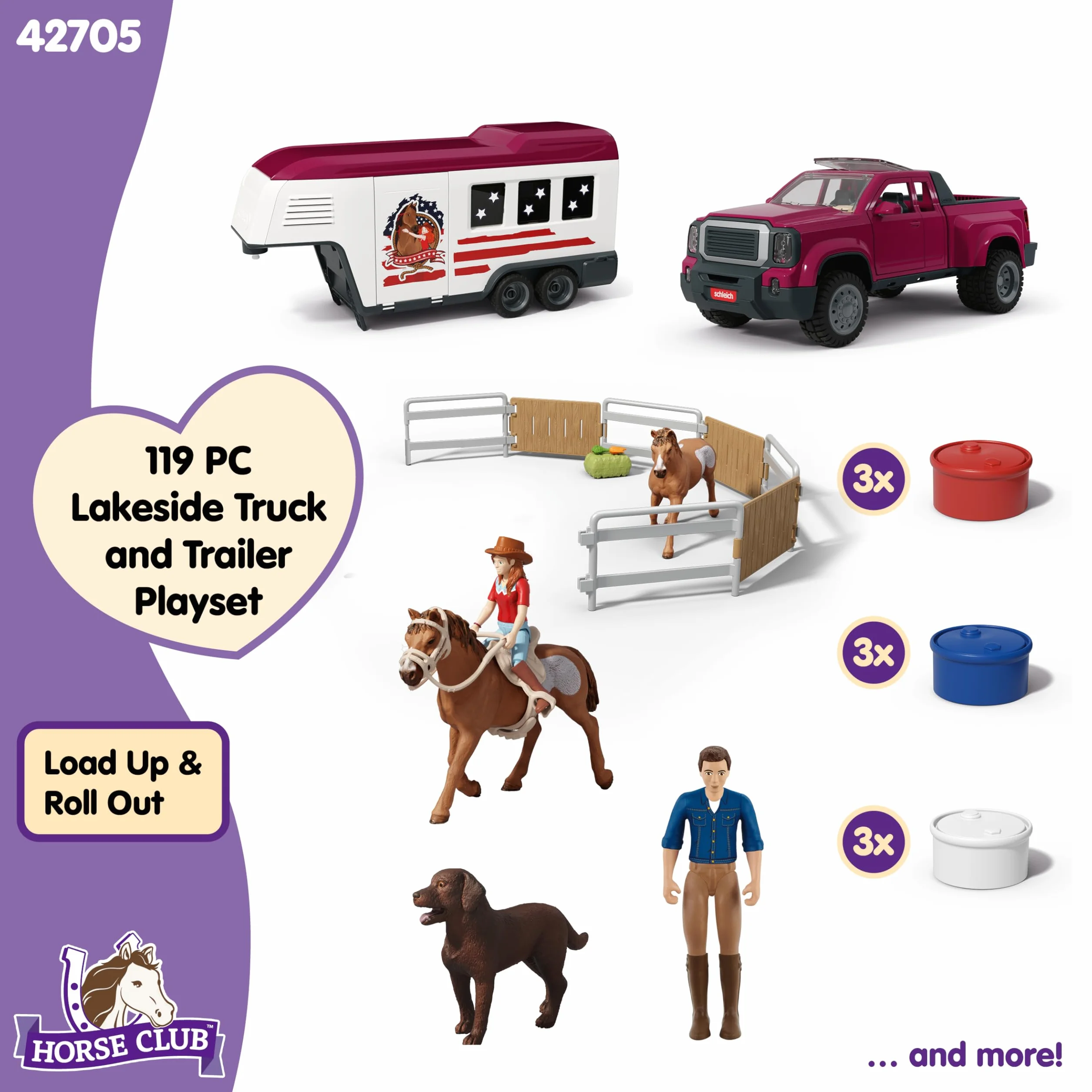 schleich HORSE CLUB | Ciężarówka Lakeside z przyczepą 42705 | Zestaw z ciężarówką, przyczepą dla koni, boksami, Hannah, 2 końmi, psem i akcesoriami | Zabawka dla dzieci od 5 lat | 119-częściowy zestaw