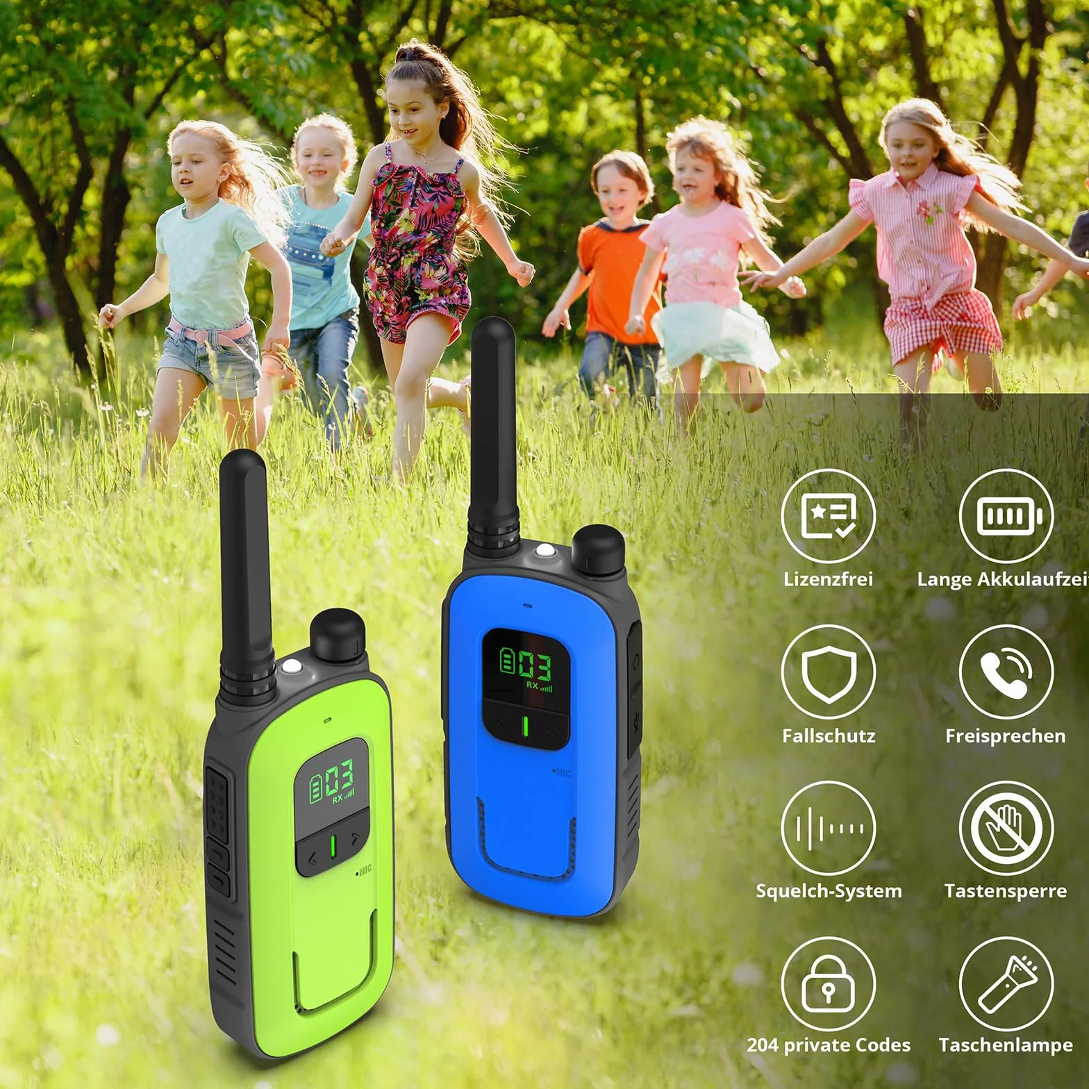 Radioddity PR-T3 Walkie Talkie PMR446 krótkofalówka VOX z 16 kanałami, latarka, zasięg 4 km, ładowalne akumulatory do przygód, aktywności na świeżym powietrzu, na kemping, 2 sztuki