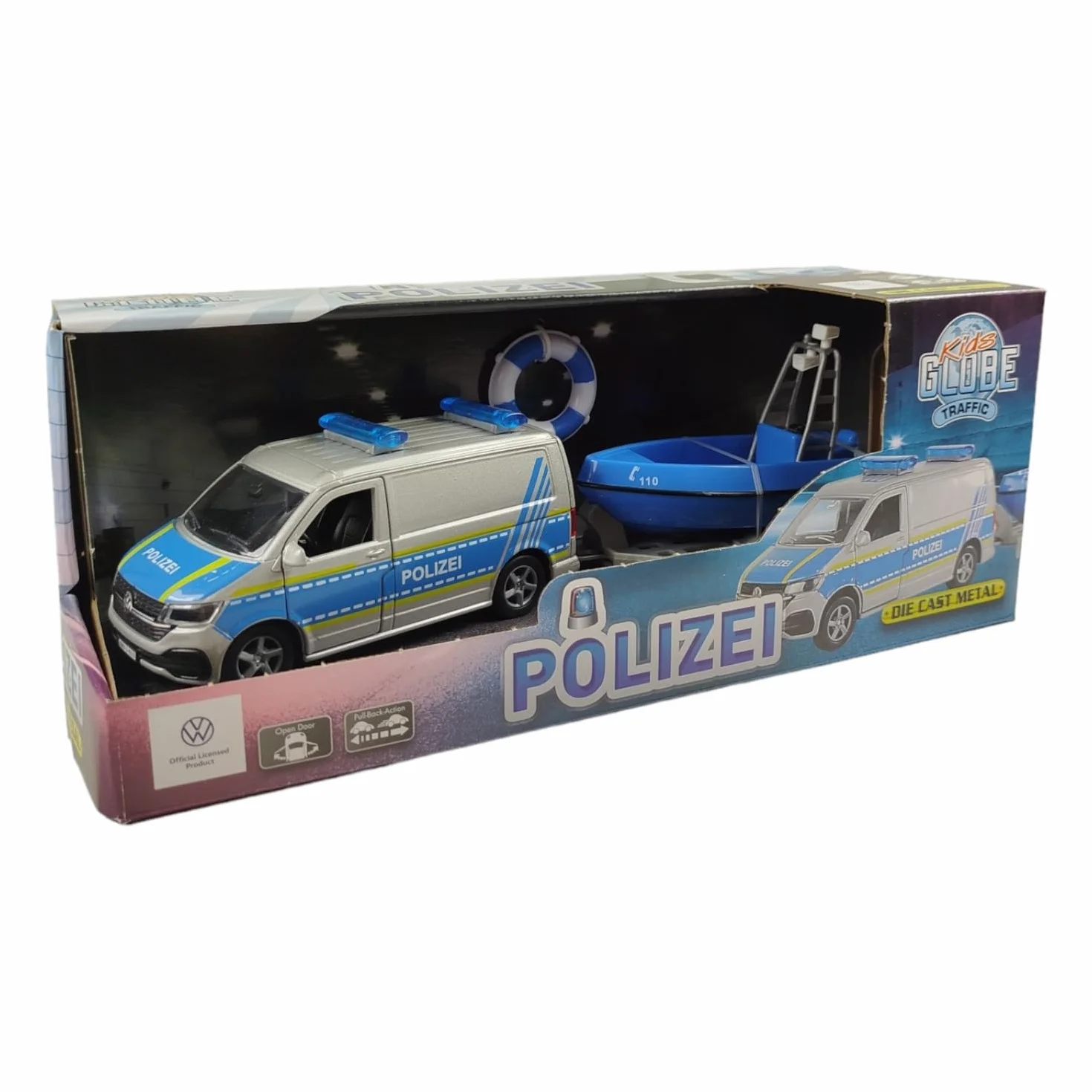 Kids Globe VW Transporter Policja z łodzią DE Die Cast Pull Back 29 cm, zabawka dla dzieci, 520360