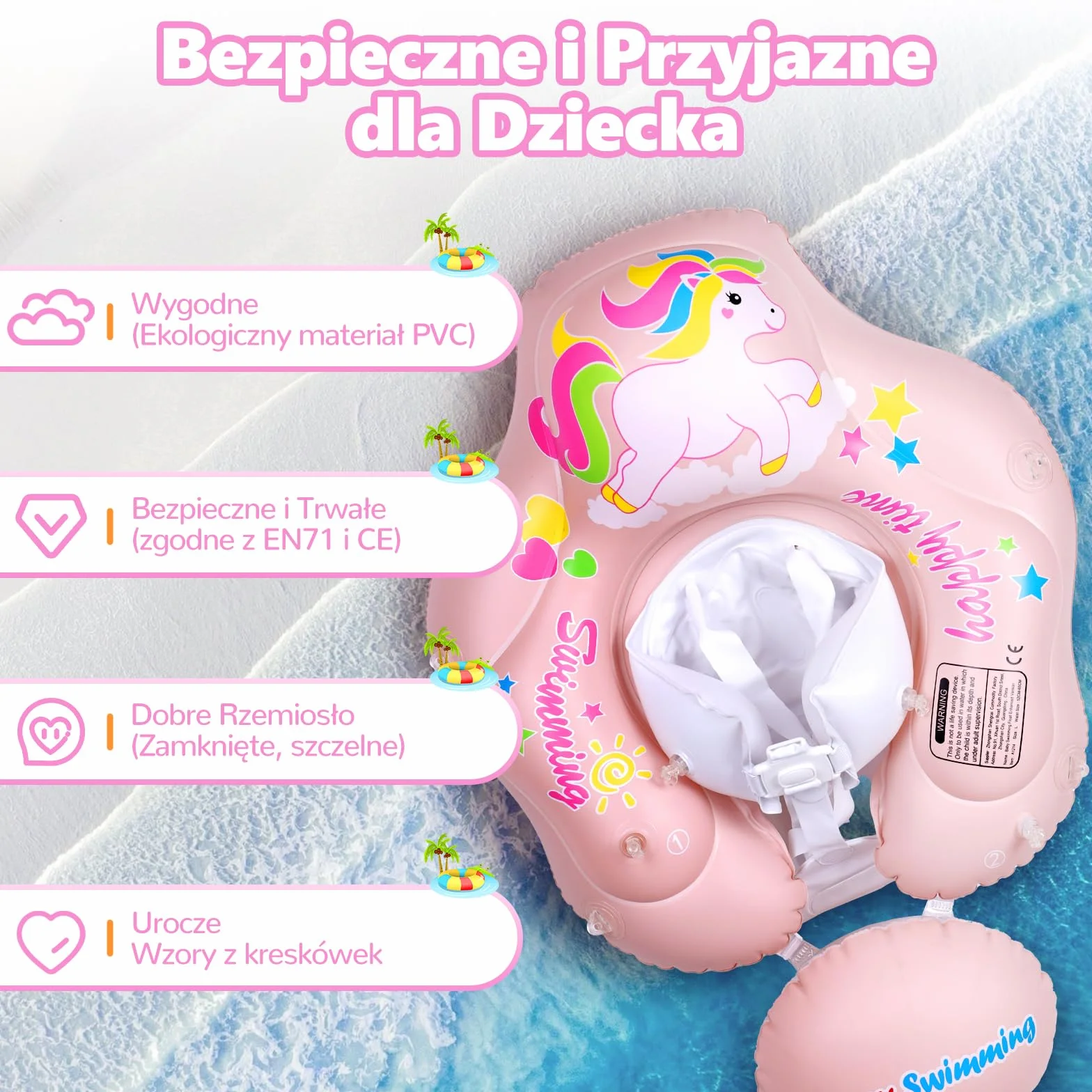Fotelik Basenowy dla Niemowląt z Baldachimem UPF 50+ Pływający Basenik dla Maluchów Zapobiegający Przewracaniu się dla Dzieci w Wieku 6-36 Miesięcy - Różowy