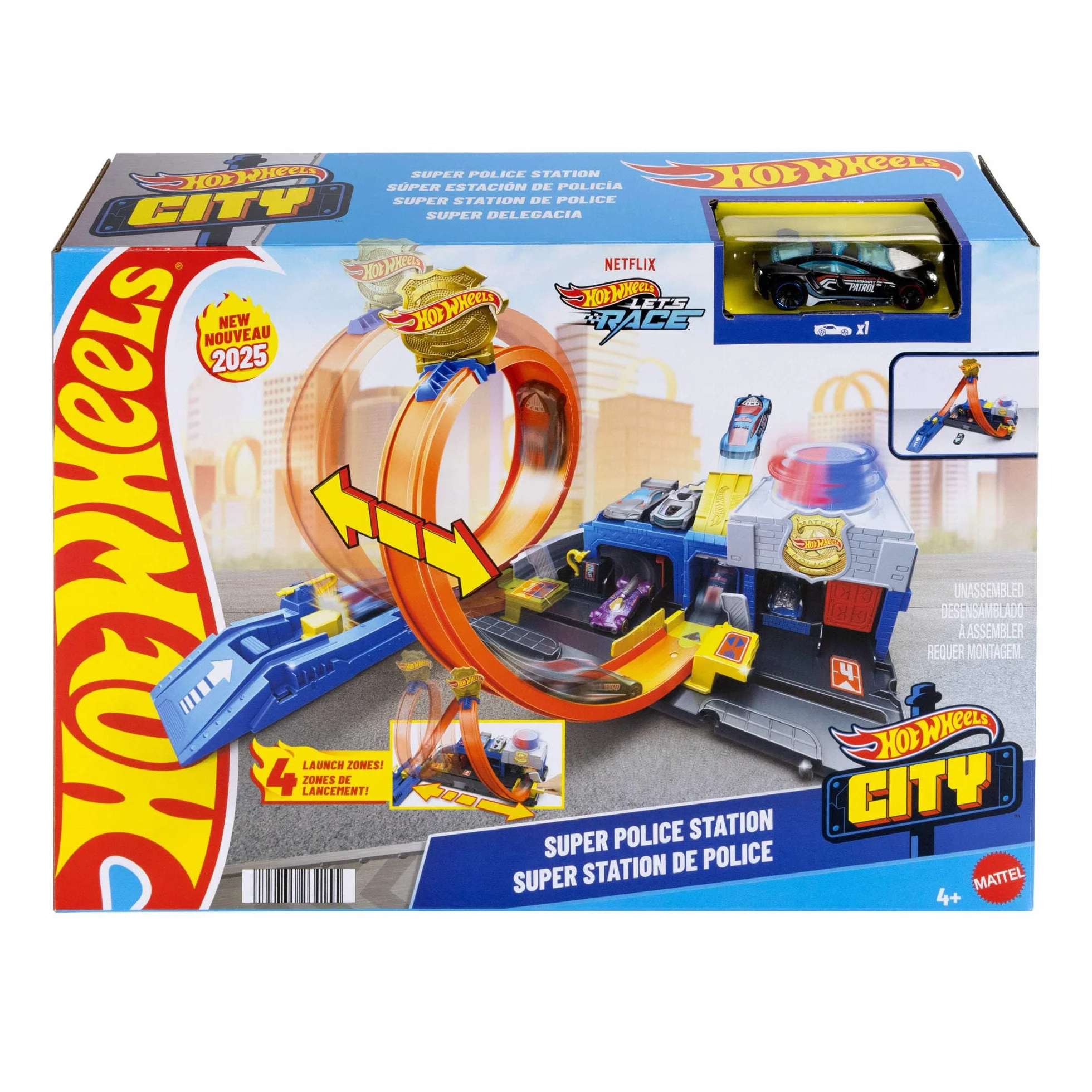 Hot Wheels City Posterunek policji Super Pętla Zestaw do zabawy, tor wyścigowy, metalowy samochód zabawka w skali 1:64 i pętla rajdowa, JBM71