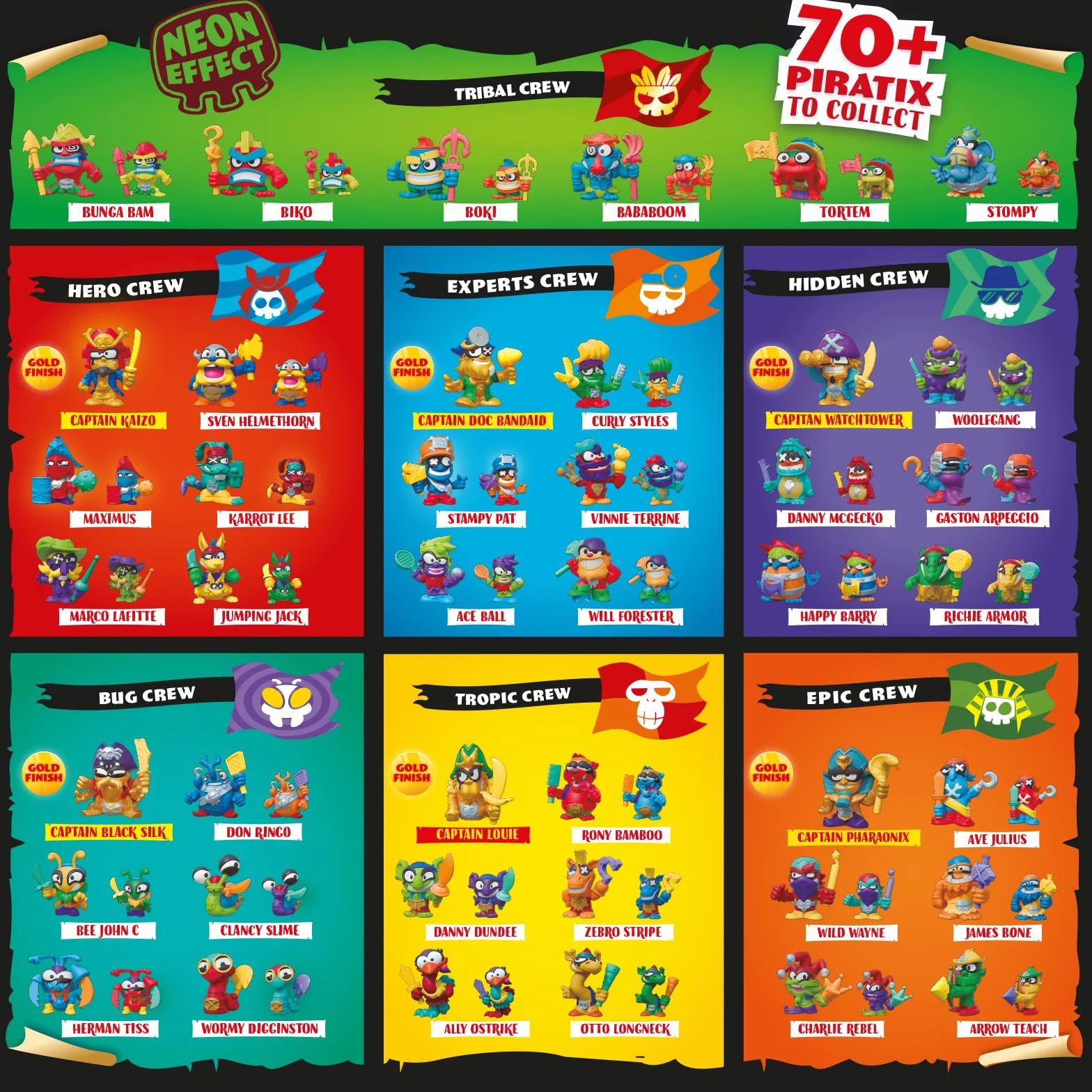 PIRATIX ADVENTURE WORLD Seria Crazy Jungle - pudełko zawierające 24 torebki z figurkami Piratixów z serii Crazy Jungle Każda torebka zawiera 1 figurkę Piratix i 1 akcesorium z efektem neonu.