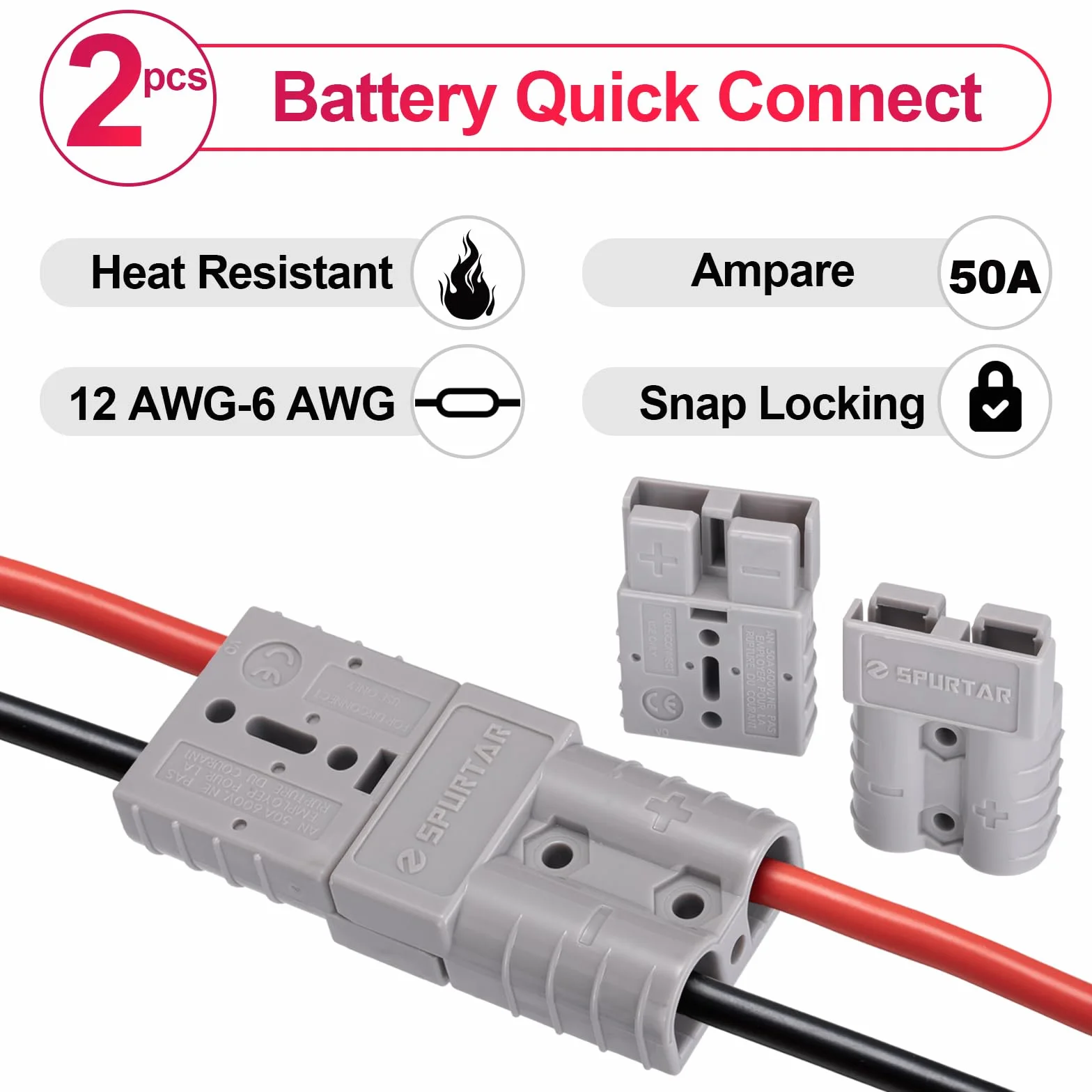 Spurtar 50A 6AWG 2 szt. Złącze akumulatora, szybkozłącze akumulatora, wiązki przewodów do samochodu, przyczepy, przyczepy kempingowej, statku, furgonetki, trybu motocyklowego, wyciągarki
