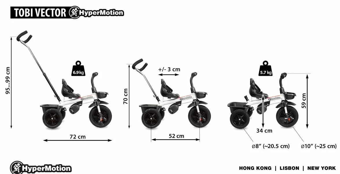 HyperMotion, Rowerek Trójkołowy dla Dzieci z Rączką dla Rodzica TOBI VECTOR, Wiek 1-4 Lata, Waga do 20 kg, Koła Wiecznie Napompowane, Lekki, Koszyk na Zabawki, Czarny