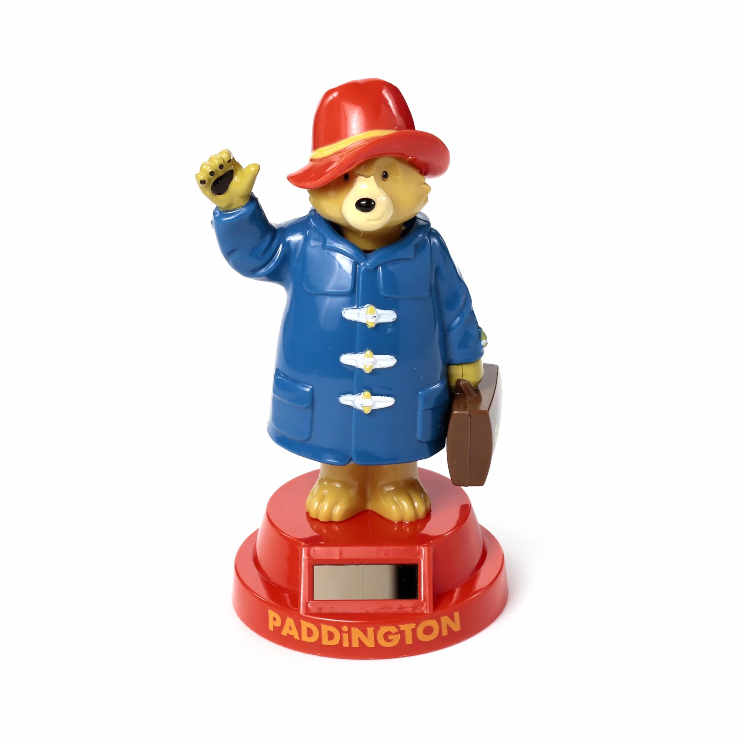 Paddington nied?wied? solarna figurka ko?ysz?ca si?, niebieski p?aszcz, czerwona podstawa