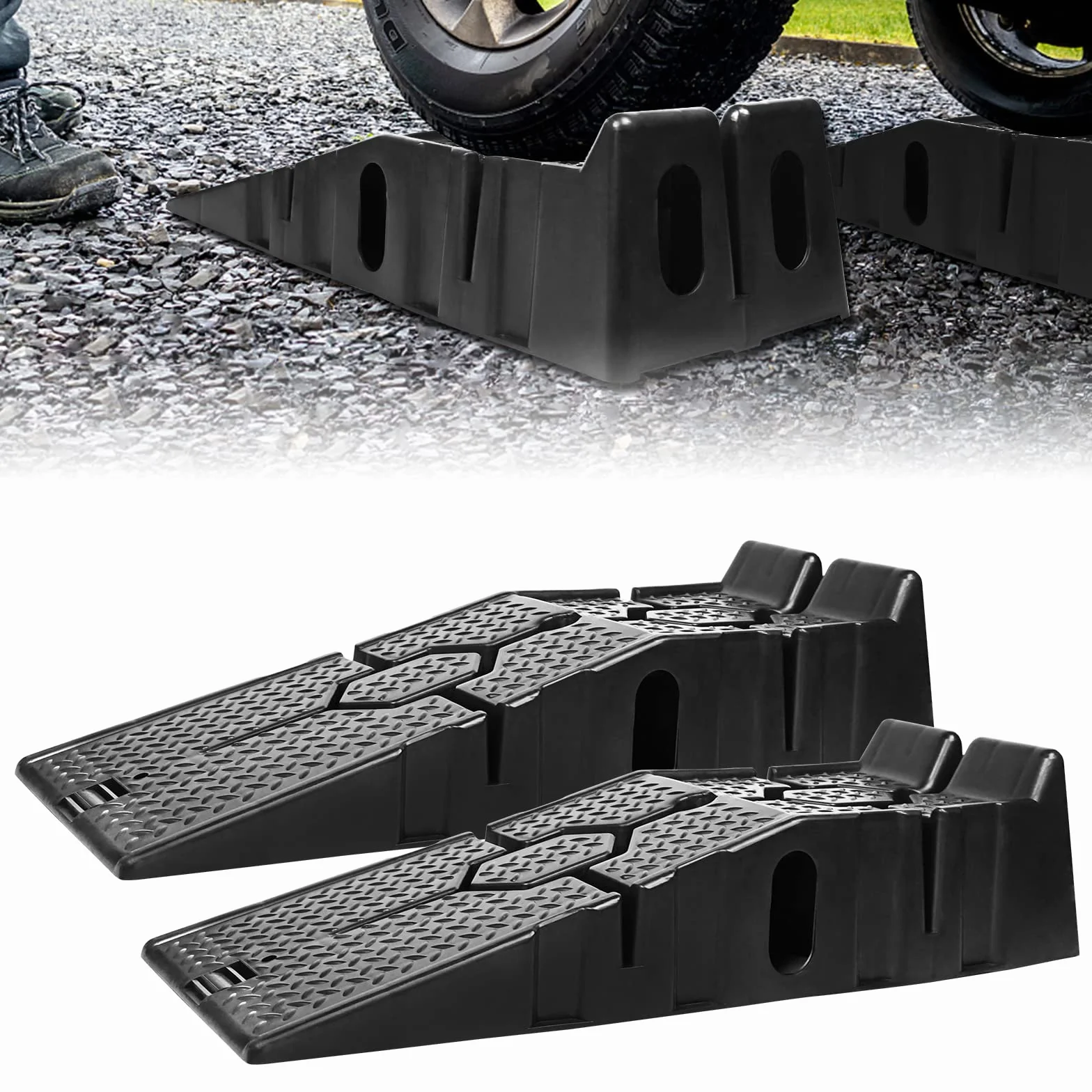 NAIZY Zestaw 2 ramp najazdowych do załadunku, z tworzywa sztucznego, 90 x 33 x 22,5 cm, platforma podjazdowa do 2,5 ton, kliny najazdowe, do krawężnika, do samochodów osobowych i transporterów, czarne