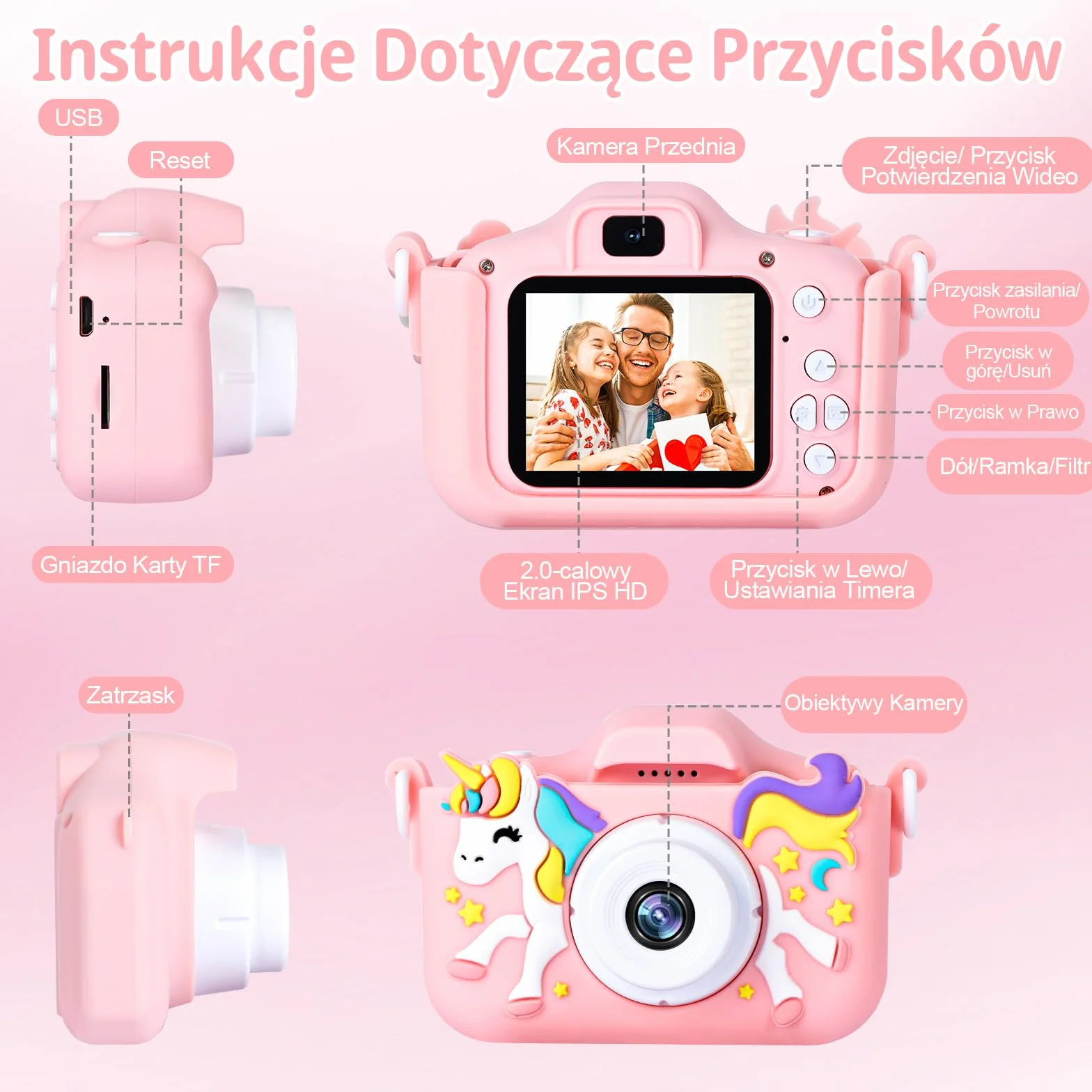 48-megapikselowy Aparat dla Dzieci, 2,0-calowy Ekran 1080P z Kartą SD, 32 GB Cyfrowy Aparat do Selfie dla Chłopców i Dziewczynek w wieku 2-12 lat, Zabawka na Prezent Urodzinowy (Różowy)