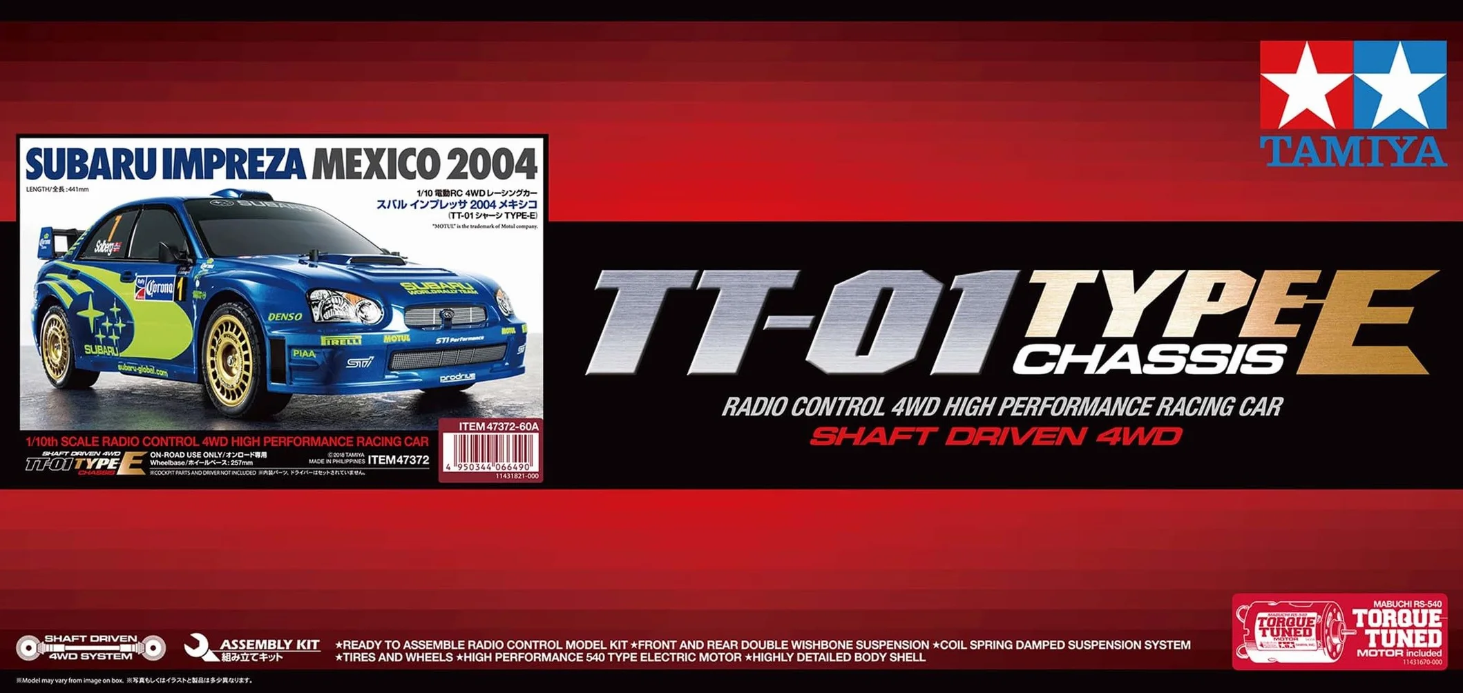 TAMIYA 47372-1:10 Zestaw do montażu samochodu RC Subaru Impreza WRX 2004 (TT-01E) - szczegółowy zestaw modelarski do zdalnie sterowanego samochodu do montażu, od 14 lat, nielakierowany