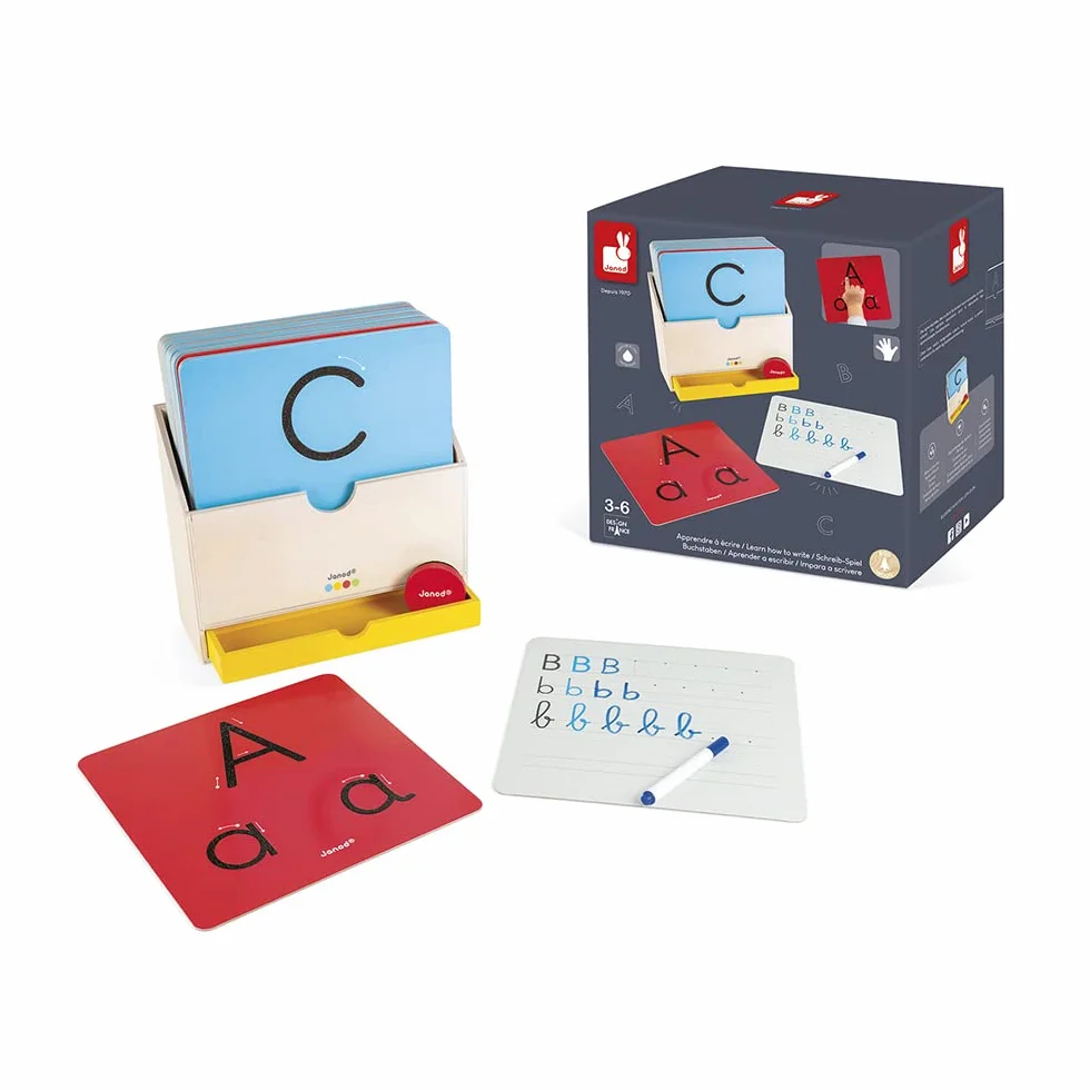 Janod - Essential - Learn to Write - Wooden Early Learning Educational Game - Teaches Letters and Reading - Water-Based Paint - from 3 Years, J05074, 9.1 x 3.1 x 9.6 inches
