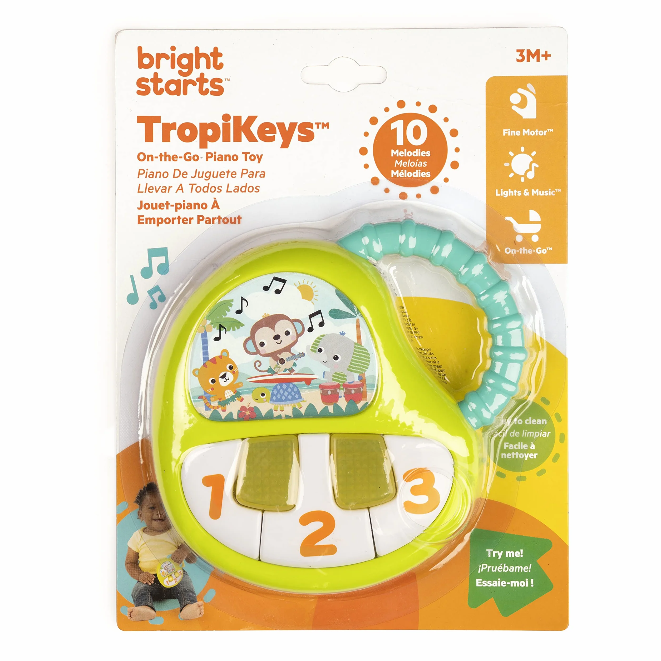 Brights Starts 12507, TropiKeys muzyczna zabawka fortepianowa z lampkami, muzyką i cyframi oraz przyciskami i klawiszami, łatwa do chwytania i idealna w podróży