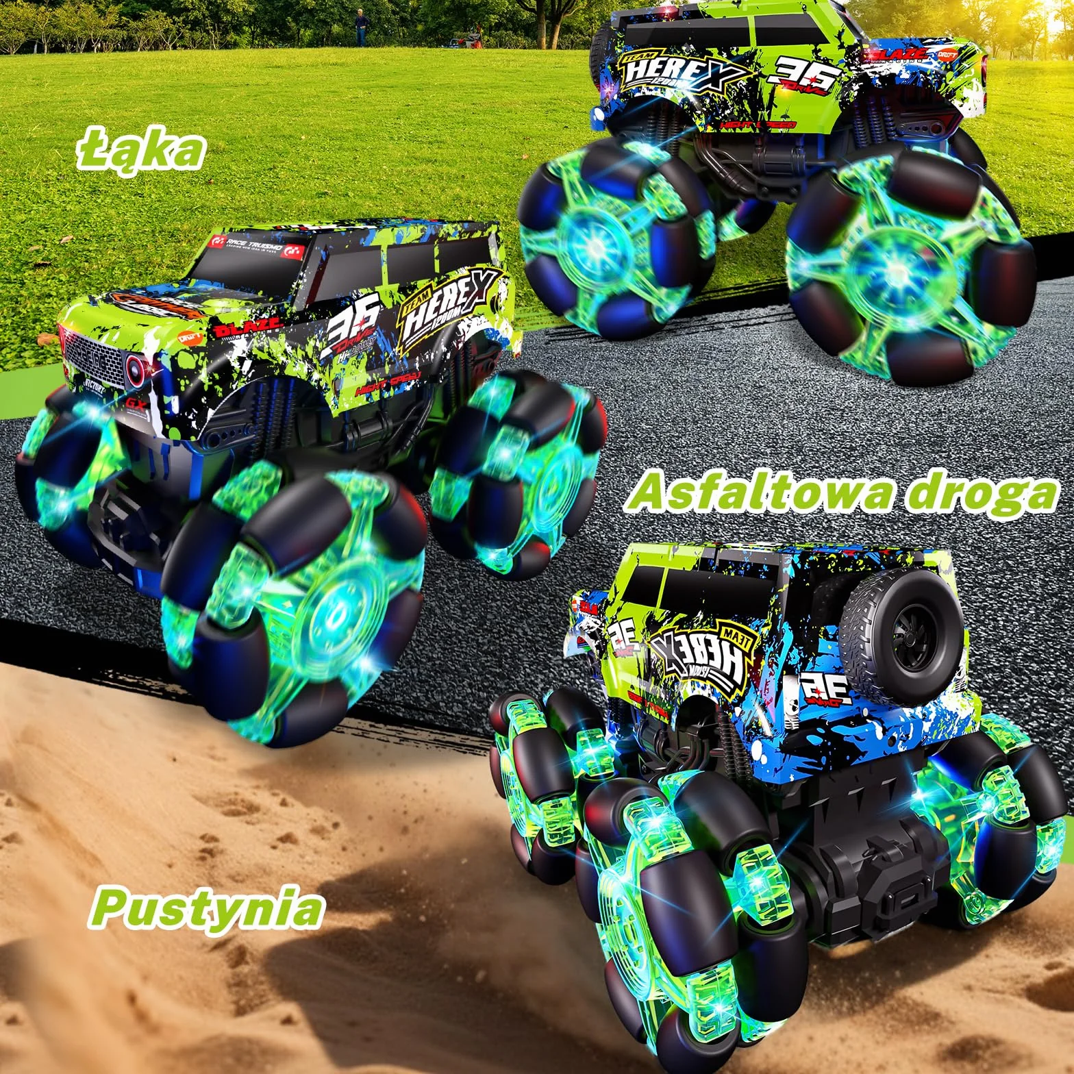 PENGBU RC Zdalnie sterowany samochód od 3, 4, 6 lat, 2,4 GHz, monstertruck, zdalnie sterowany samochód z oświetleniem, oponami i muzyką, 1/20, z obrotem o 360° i 2 akumulatorami, chłopcy 3, 4, 5, 6, 7