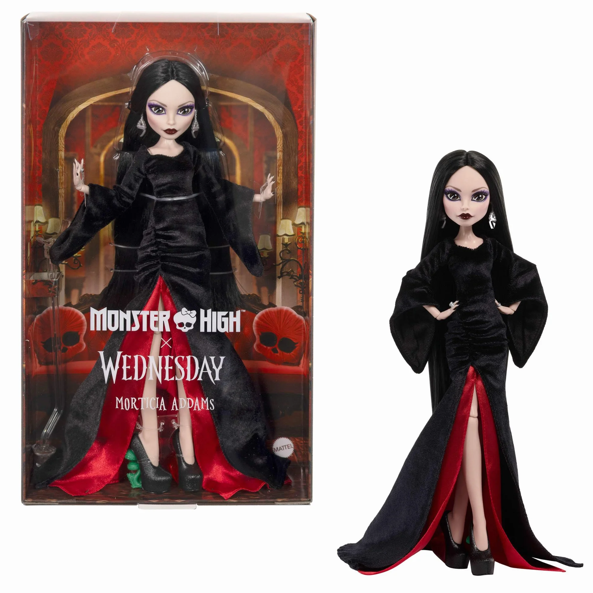 Monster High x Wednesday Morticia Addams Lalka kolekcjonerska Czarno-szkarłatna aksamitna sukienka, biżuteria, inspirowane serialem buciki na obcasie i podstawka dla lalki zabawka dla dzieci 6+, JLK99