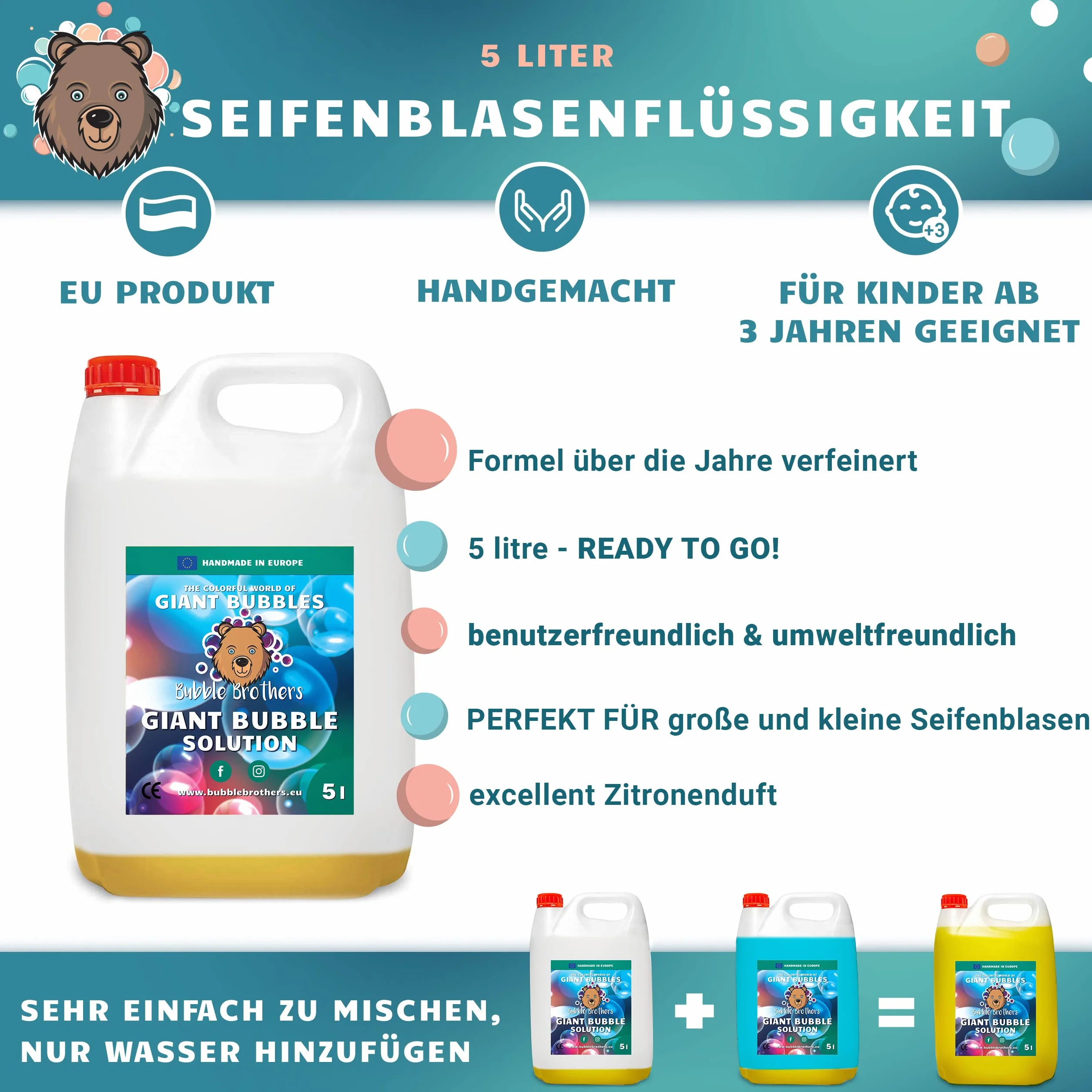Bubble Brothers Bańki mydlane, butelka uzupełniająca, 5 l, koncentrat do dużych baniek mydlanych, stabilne bańki mydlane (1 x 5 l + 1 proszek)