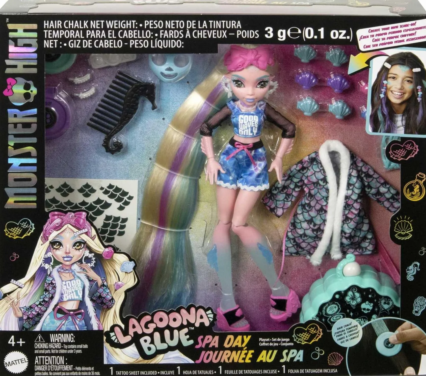 Monster High Lalka, Lagoona Blue Spa Day zestaw z akcesoriami do noszenia i udostępniania, takimi jak spinki do włosów, kreda do włosów i tatuaże (HKY69)