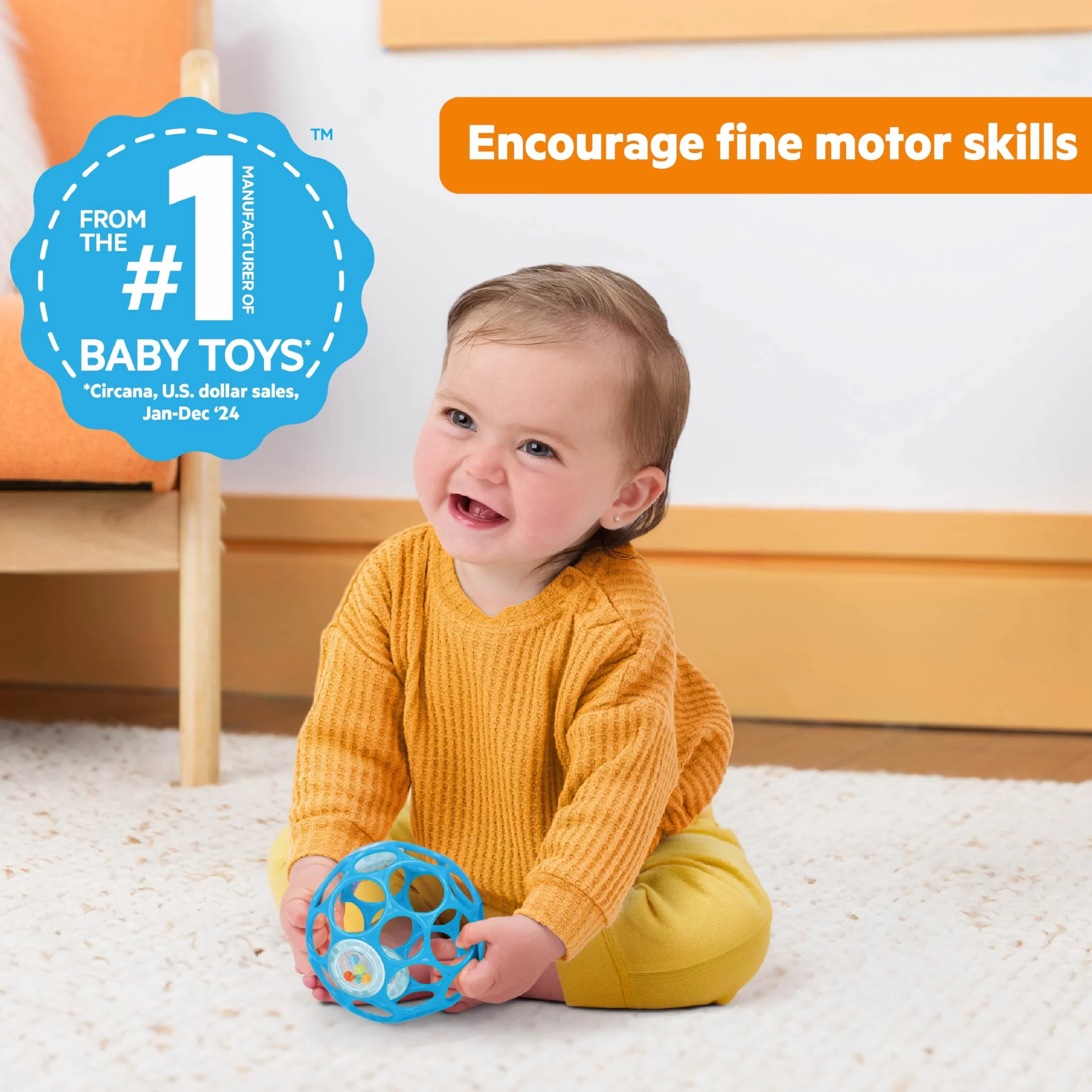 Bright Starts, Oball Rattle, niebieski – elastyczny i łatwy w dotyku design, dla dzieci w każdym wieku