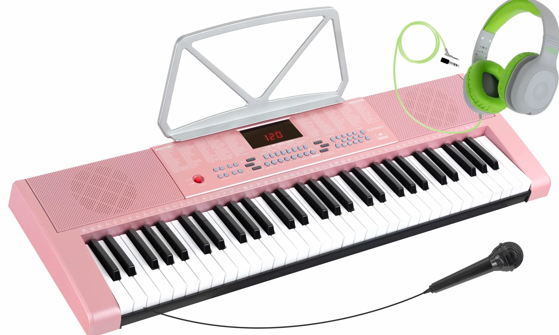 McGrey LK-6120-MIC Keyboard z mikrofonem i zestawem słuchawek dla dzieci – klawiatura dla początkujących z 61 przyciskami świecącymi – 255 dźwięków i 255 rytmów – 50 utworów demo – mikrofon i