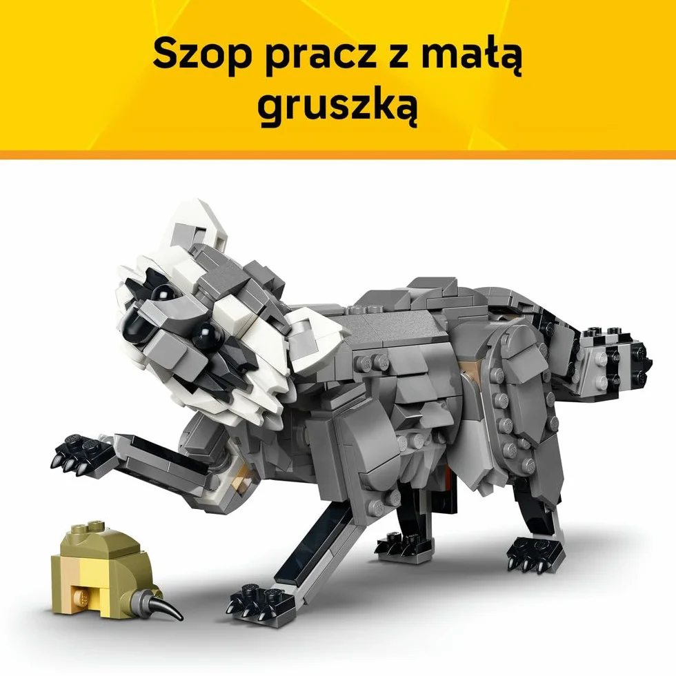 LEGO Creator 3 w 1 Leśne zwierzęta: Wilk szary, zabawka konstrukcyjna dla dzieci, 3 opcje figurek zwierząt: wilk, sokół lub szop, pomysł na prezent dla chłopca i dziewczynki od 8 lat 31393