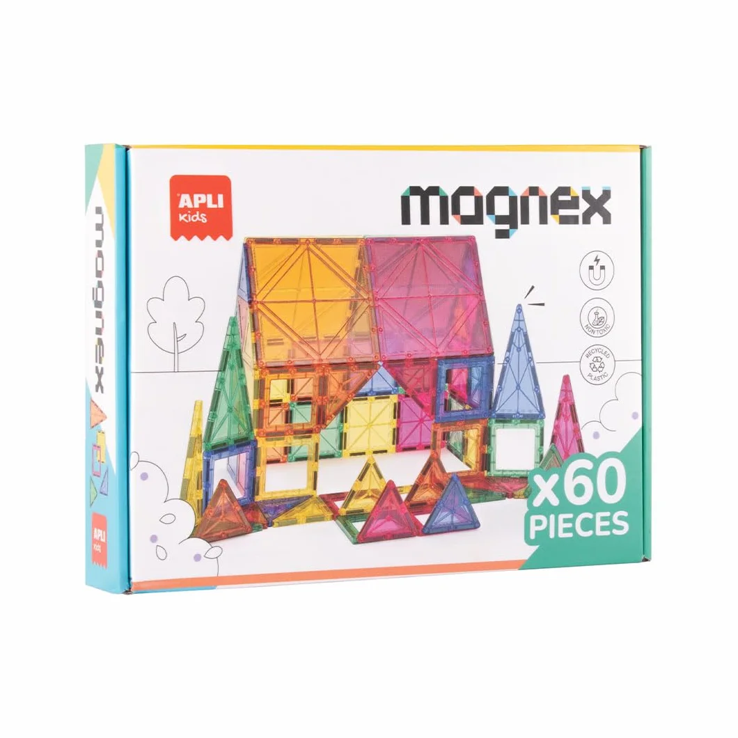 APLI Kids 20137 - Magnex 60-częściowy zestaw konstrukcyjny Magnex | Zestaw 3D dla dzieci 3+| Kolorowe magnetyczne karty geometryczne | Zabawka edukacyjna Steam dla kreatywności i rozwoju poznawczego