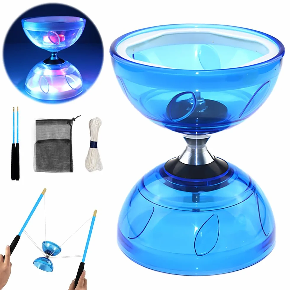 Diabolo LED z łożyskami kulkowymi, 4,5 mm DiaBolo wolnobieg z łożyskiem kulkowym, zabawka do żonglerki Diabolo z piłkami do żonglerki dla dorosłych, początkujących profesjonalistów (niebieski)