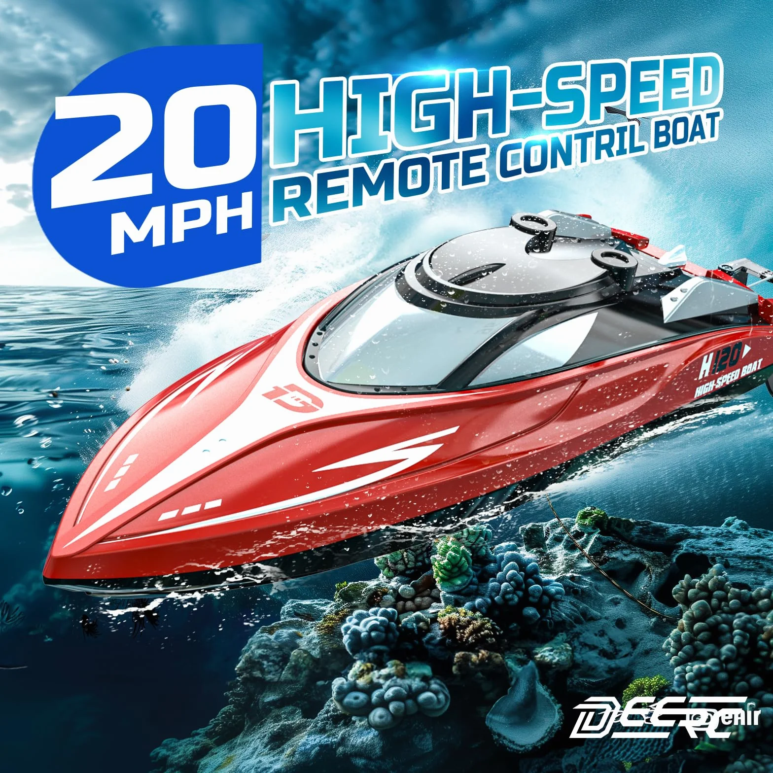 DEERC H120 zdalnie sterowana łódź do basenu i jeziora, 2,4 GHz, 20 MPH, dla dzieci i dorosłych, z 2 akumulatorami do ponownego ładowania, ostrzeżenie o niskim poziomie baterii, powrót do wywrócenia