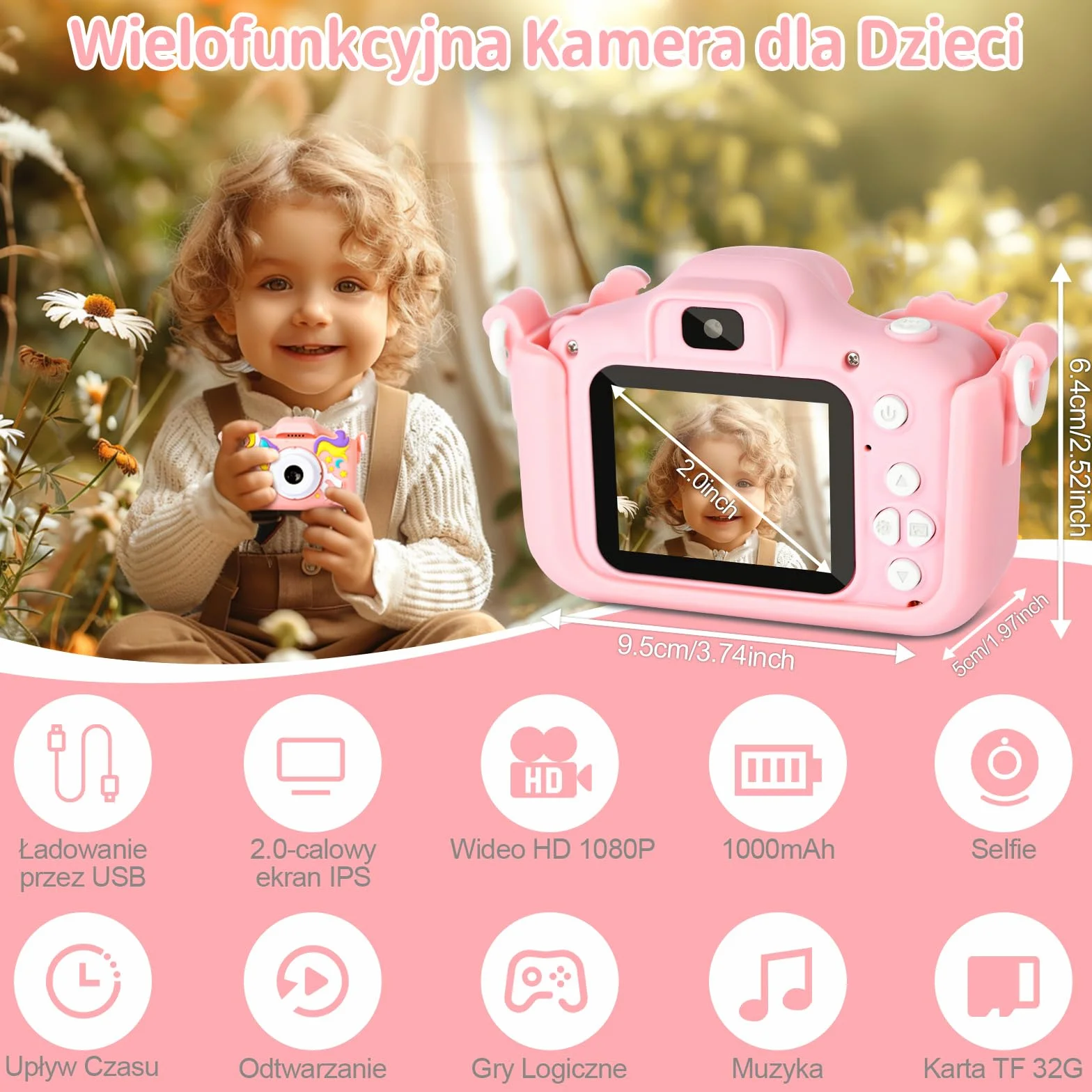 48-megapikselowy Aparat dla Dzieci, 2,0-calowy Ekran 1080P z Kartą SD, 32 GB Cyfrowy Aparat do Selfie dla Chłopców i Dziewczynek w wieku 2-12 lat, Zabawka na Prezent Urodzinowy (Różowy)