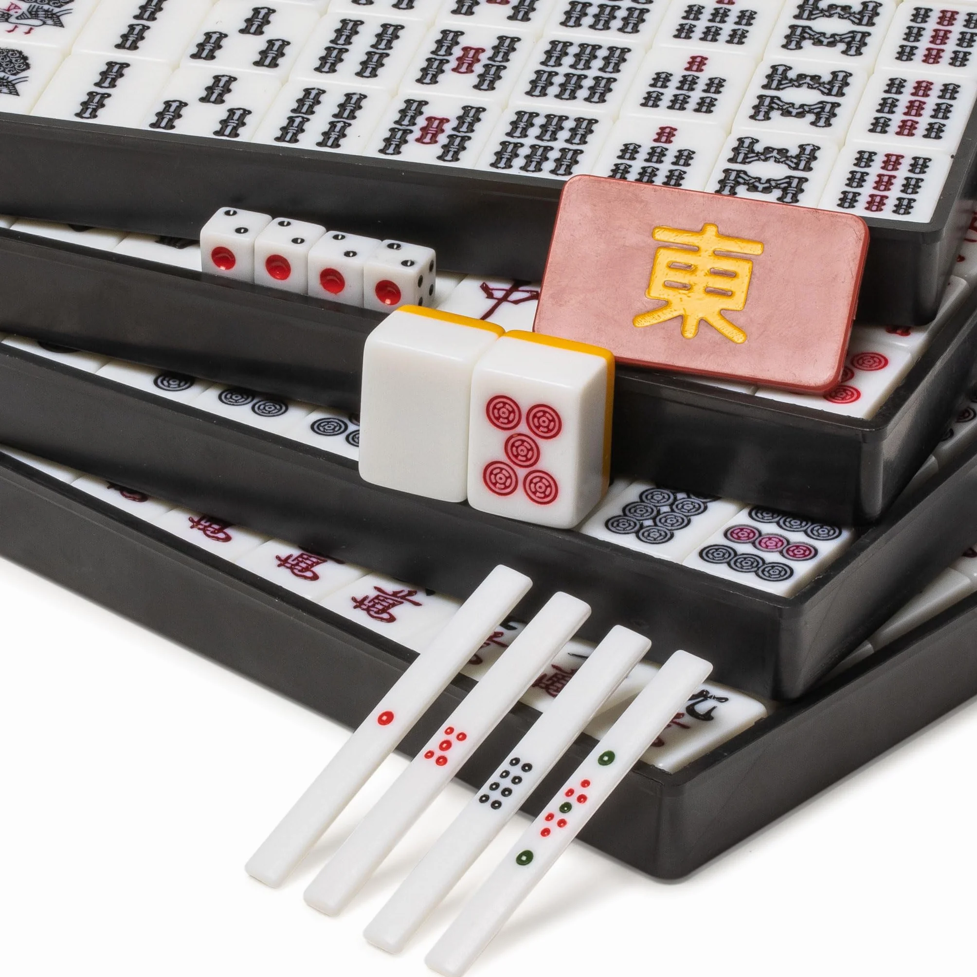 Yellow Mountain Imports Japoński zestaw Riichi Mahjong - białe i żółte płytki w standardowym rozmiarze - z płytkami East Wind i czarną obudową winylową