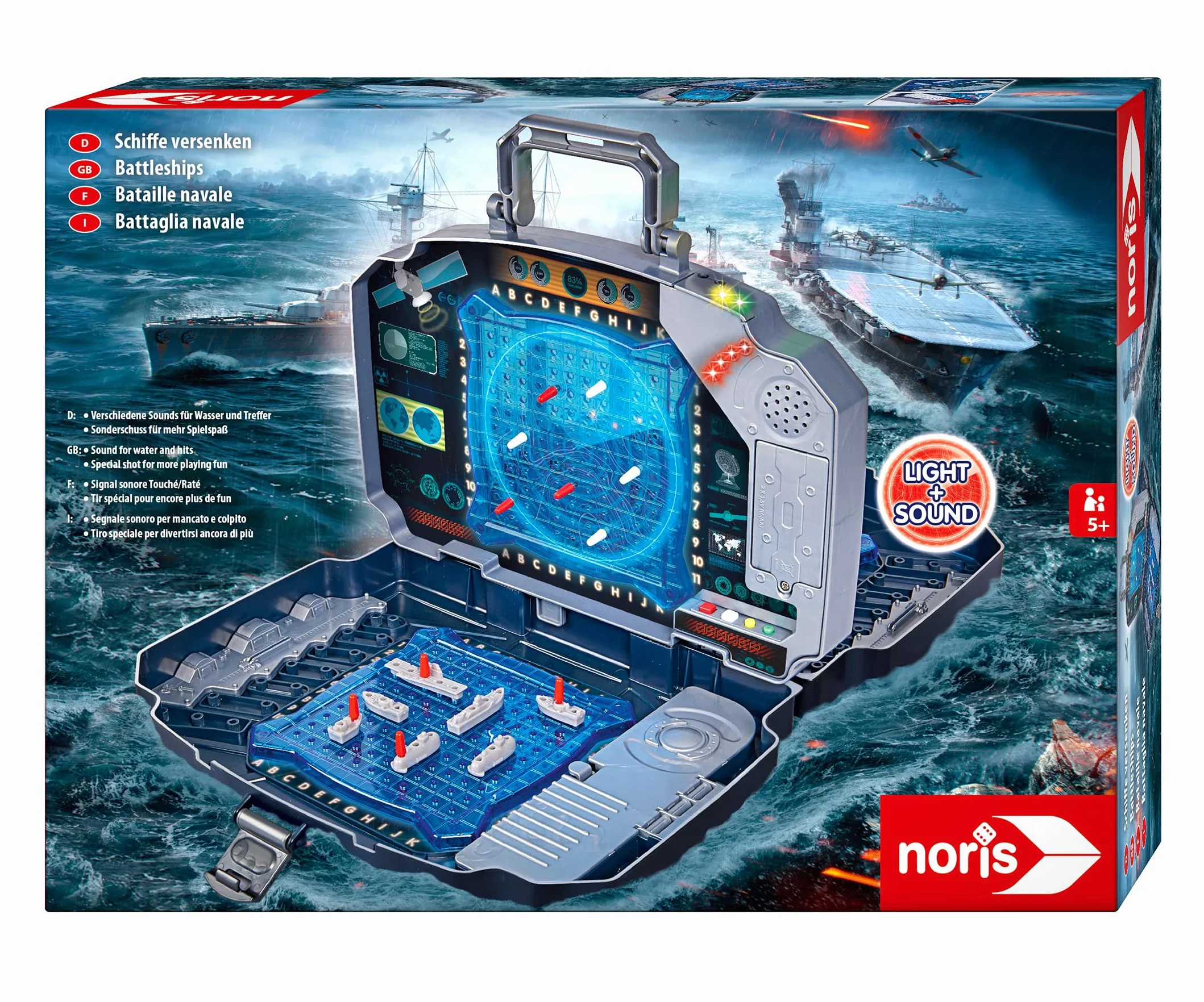 Noris 606104435 Elektroniczna gra w okręty ze światłem i dźwiękiem, gra akcji dla całej rodziny, solidne opakowanie - walizka, przeznaczona dla dzieci od 5 lat