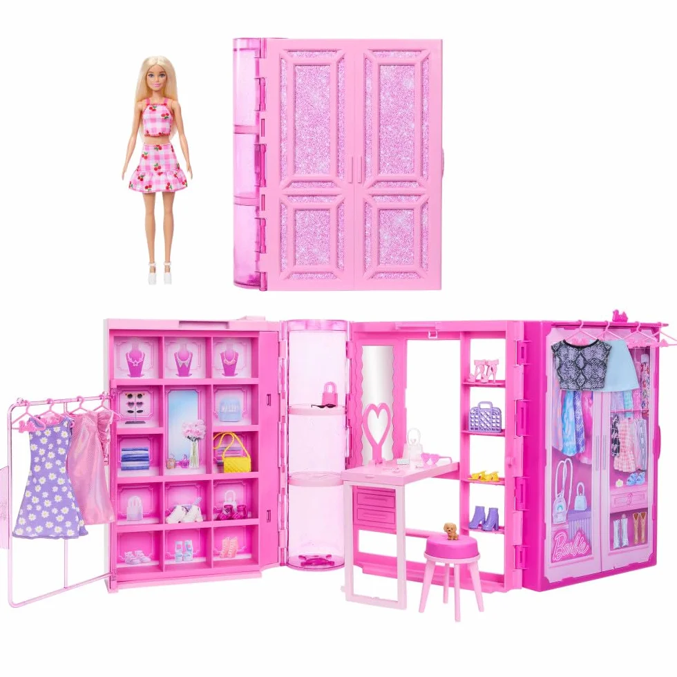 Barbie Szafa Marzeń Zestaw do zabawy z lalką blondynką, szafą (ponad 90 cm szerokości), ubranka dla lalki i akcesoria; 25 elementów, 3 pełne stylizacje Zestaw garderoba, HXD58
