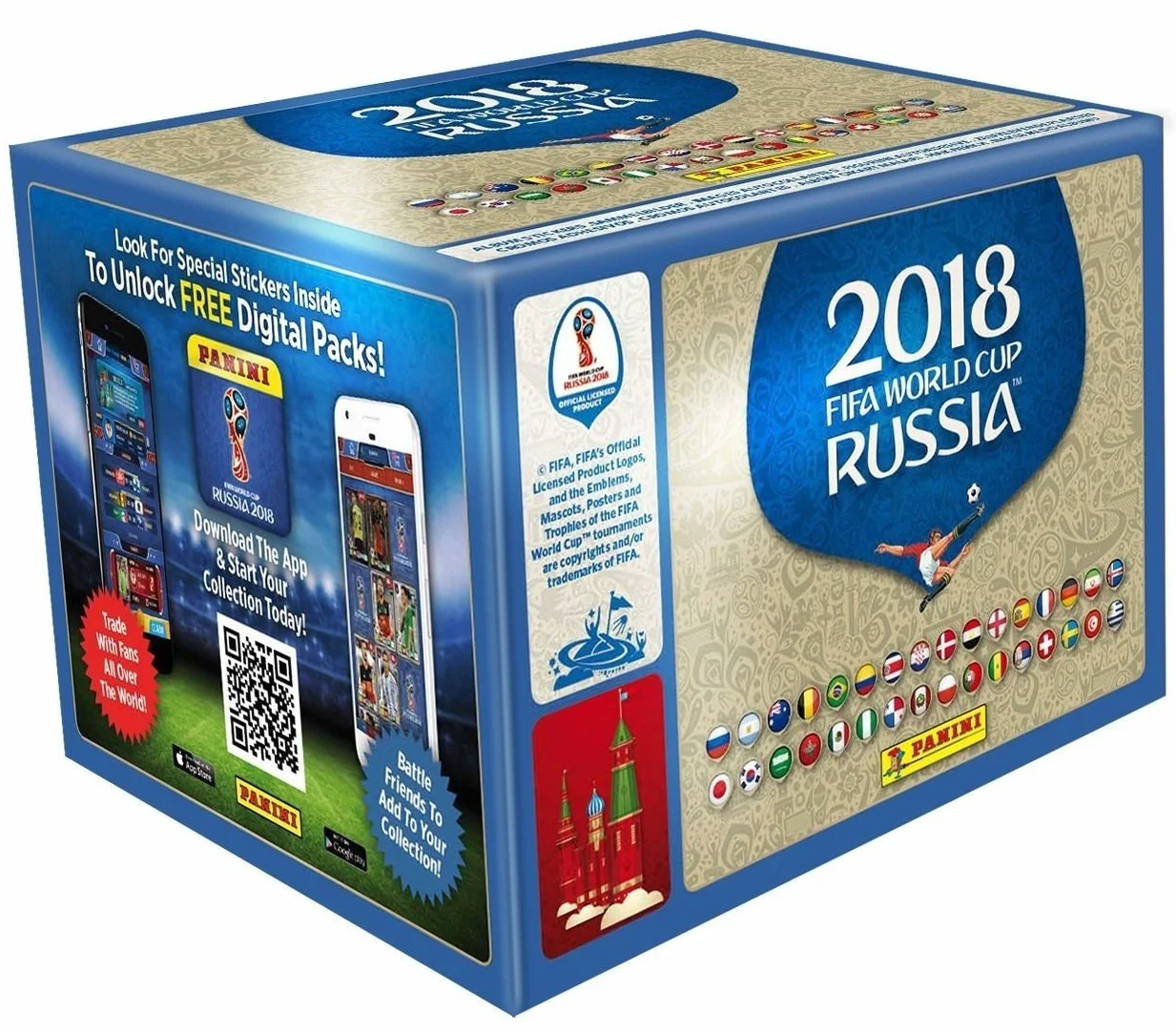 Panini FIFA World Cup 2018 – naklejka WM Rosja 2018-2 wyświetlacze po 50 torebek = 100 worków = 500 naklejek – seria składa się z 670 zdjęć – wersja NL, BE, LU i inne kraje