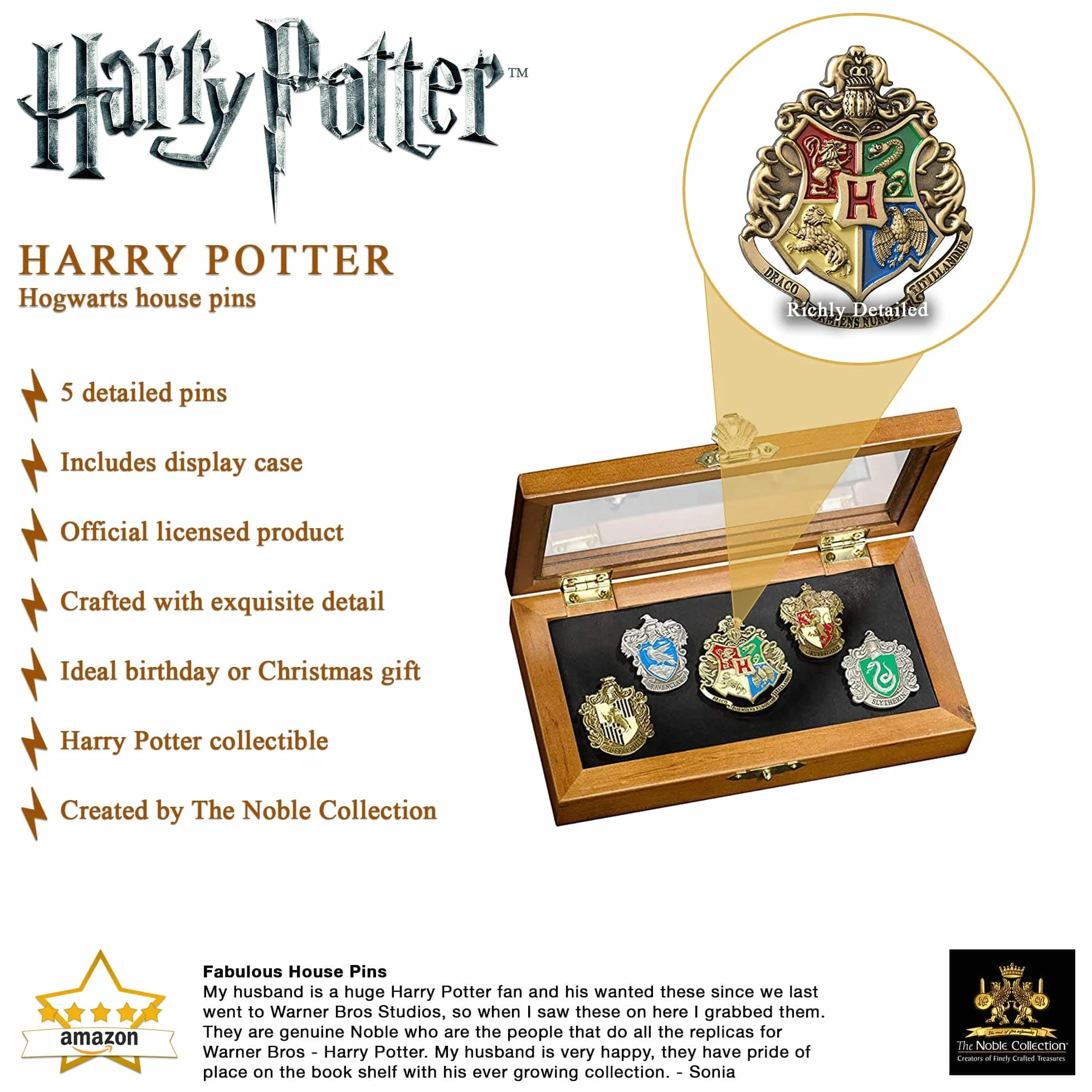 Hogwart House Pins firmy The Noble Collection – zestaw 5 metalowych ręcznie emaliowanych przypinek do domu dostarczane w drewnianej gablocie – oficjalnie licencjonowany film o Harrym Potterze do