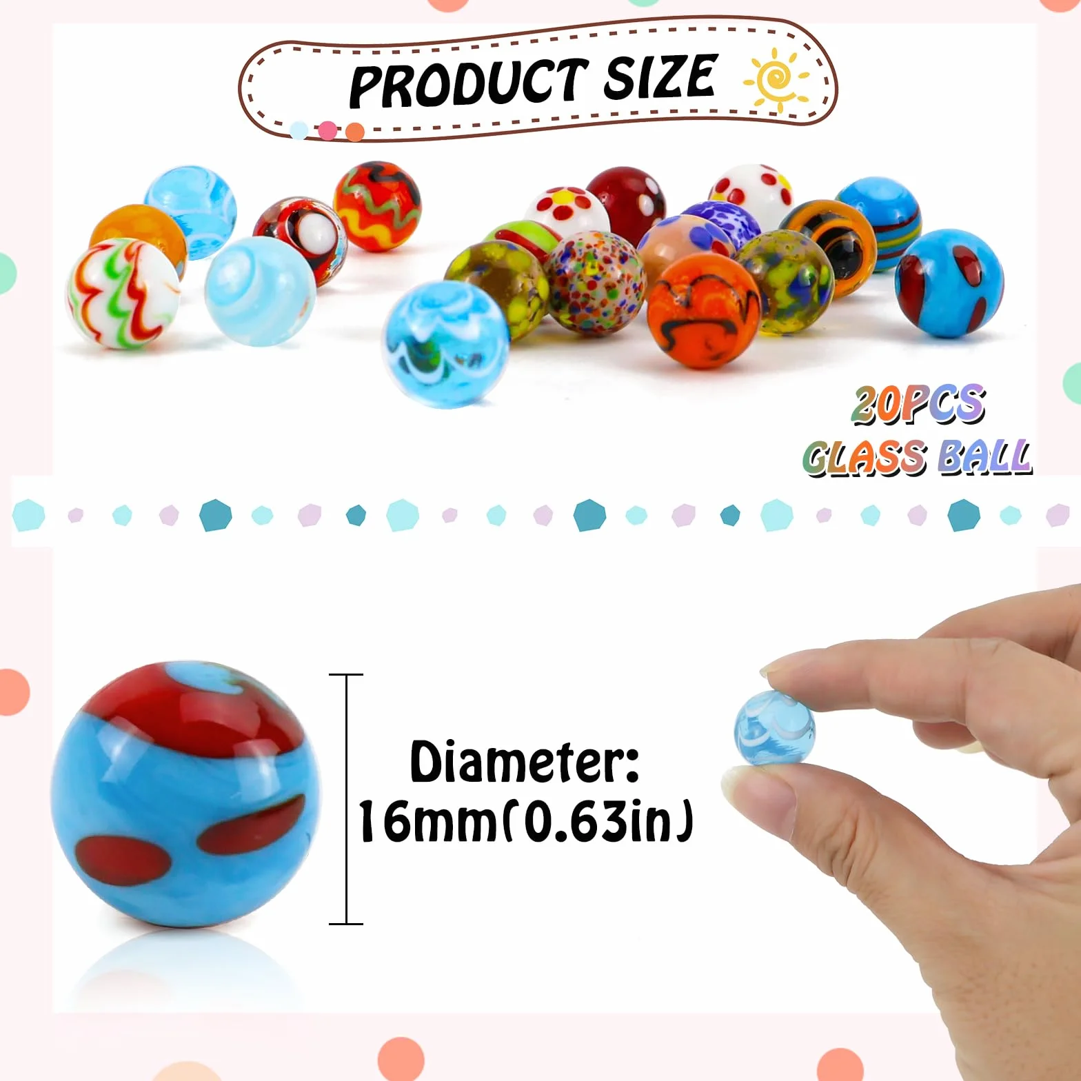 20 sztuk szklanych kulek, kolorowe kulki, 16 mm, przezroczyste, ręcznie robione szklane kulki do dekoracji lub szpatułek