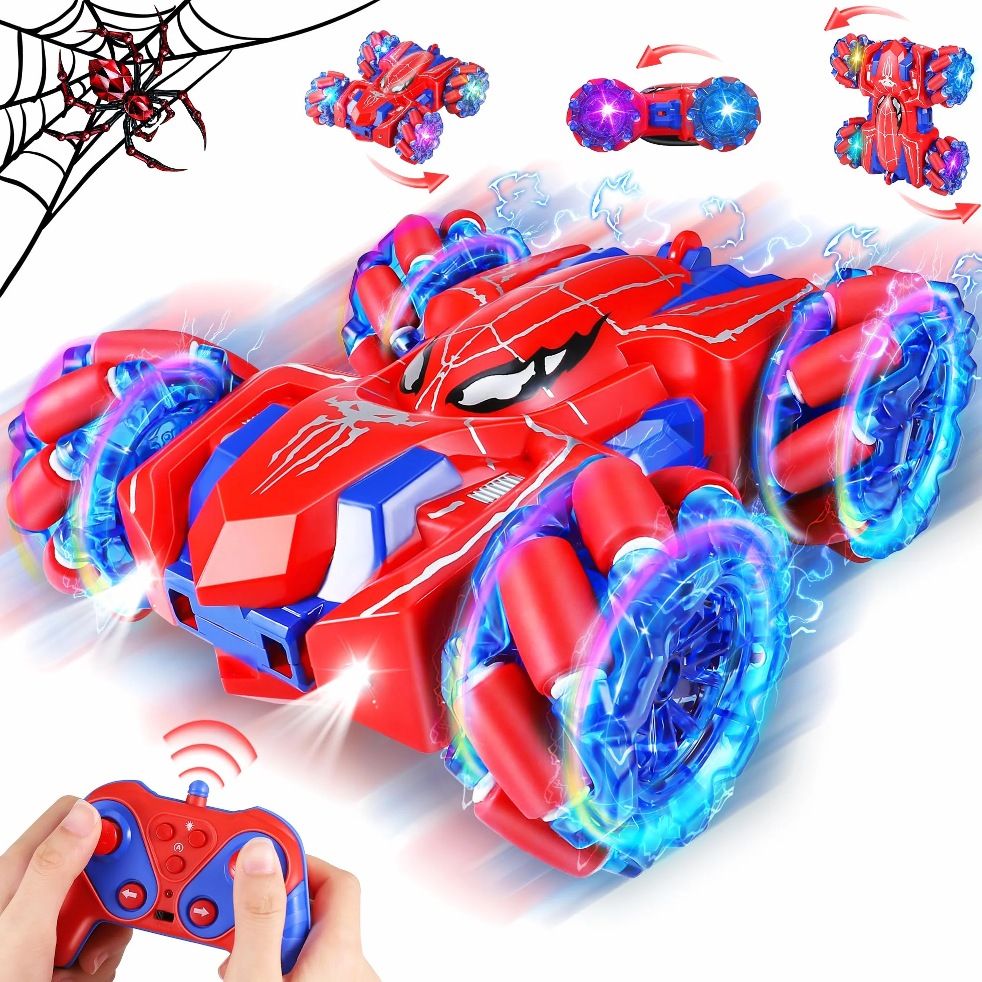 spider Zdalne sterowanie samochodem - 2,4 GHz 360 ° śmiertelne skoki dwustronne monster truck dla chłopców 4 5 6 7 8 lat, 4WD RC samochód akrobacyjny z zimnym światłem (Red RC Car)