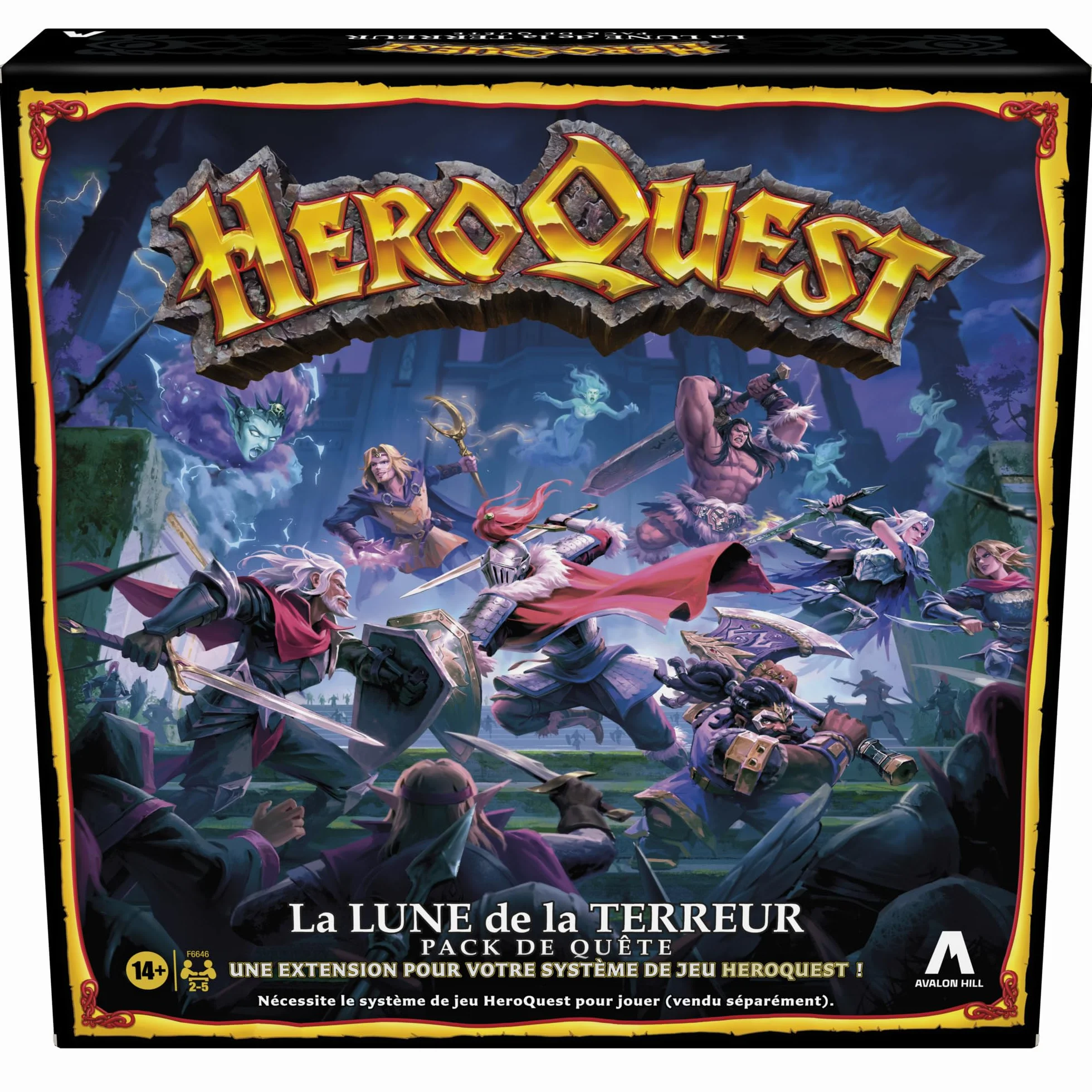 Avalon Hill HeroQuest, Pakiet misji Księżyc Terroru, wymagany system gry HeroQuest, odgrywanie ról dla 2-5 graczy, od 14 lat, zielony, niebieski i biały
