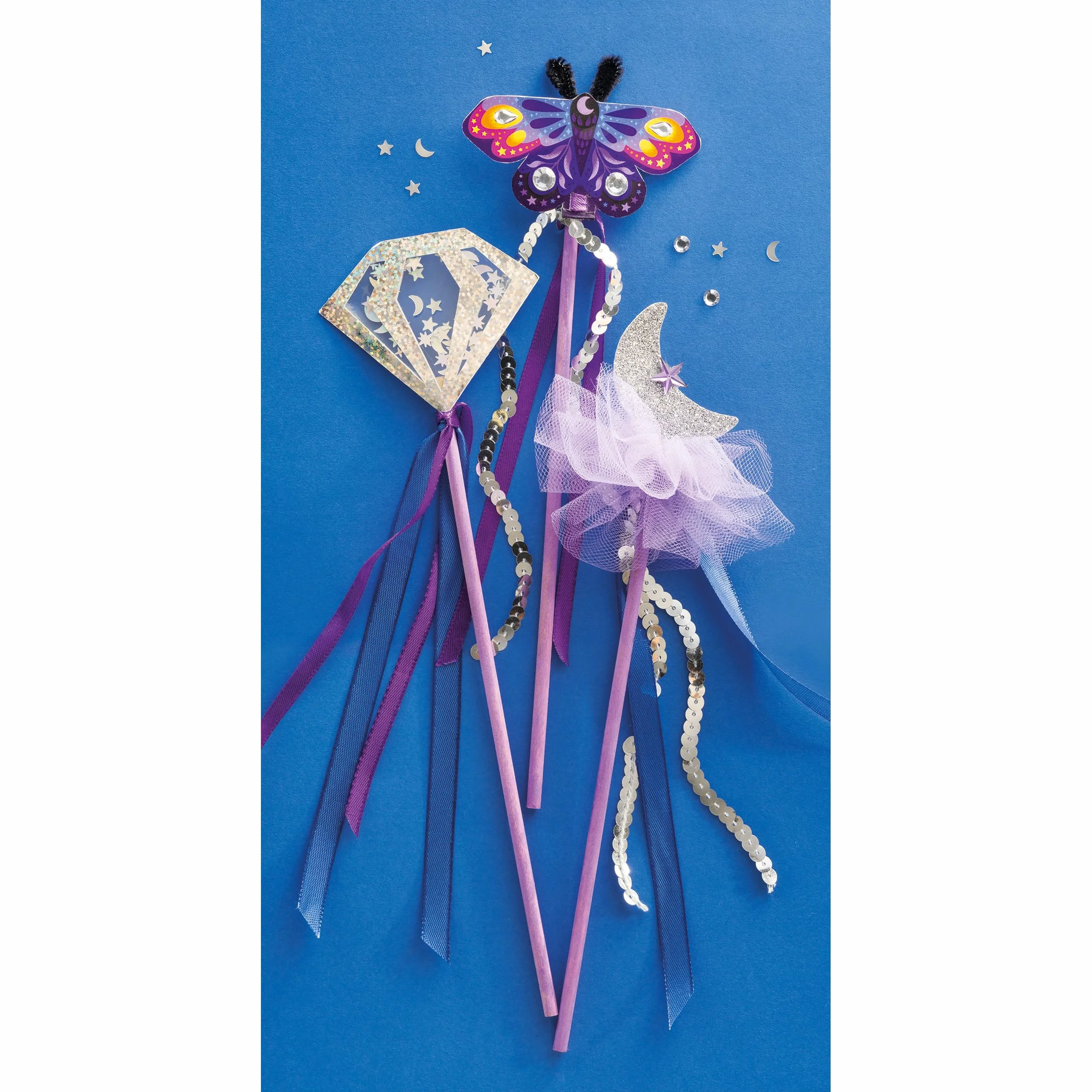 Janod School-3 Create Wands-Kids Activity-Arts & Crafts Kit - ze wstążkami, cekinami i nicią szenilową - magiczny wszechświat - zestaw dla dzieci w wieku 3 +, J09136, wielokolorowy