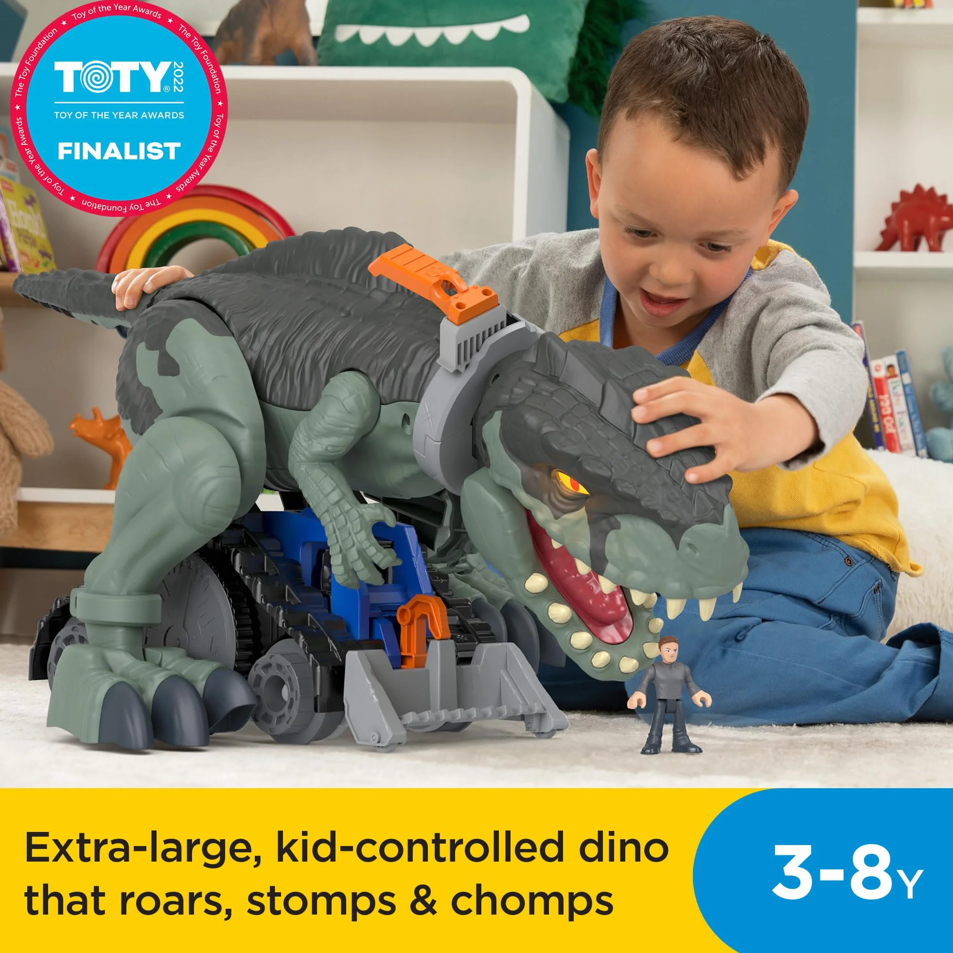 Imaginext Jurassic World Dominion Ryczący Gigadinozaur Potężny krok i Owen, figurka dinozaura (40 cm wysokości) ze światełkami, dźwiękami i ruchami, dla dzieci od 3 roku życia, GWT22