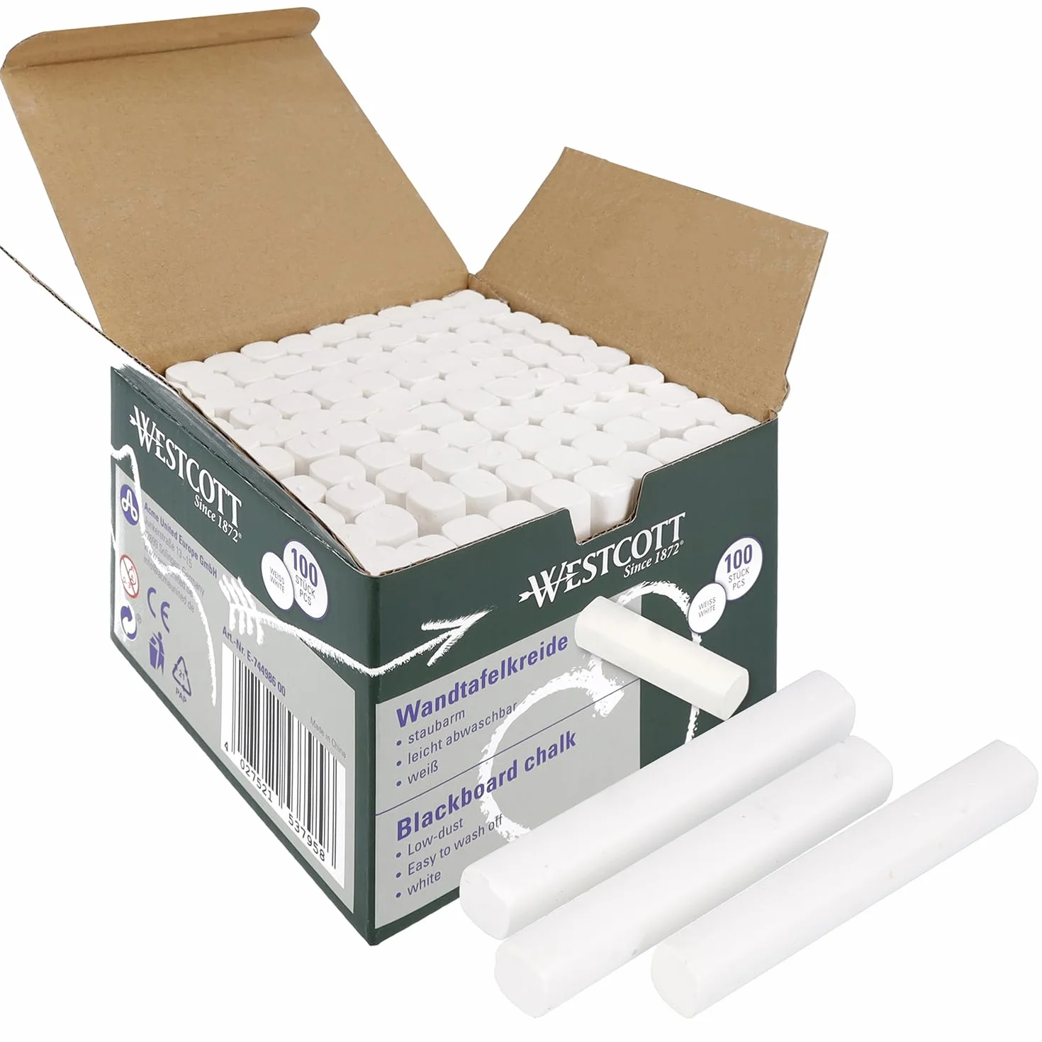 Westcott Kreda, 100 sztuk, białe, ekonomiczne opakowanie 1,2 cm, w kryjącej bieli, nie kurz i łatwo zmywalna, E-744986 00