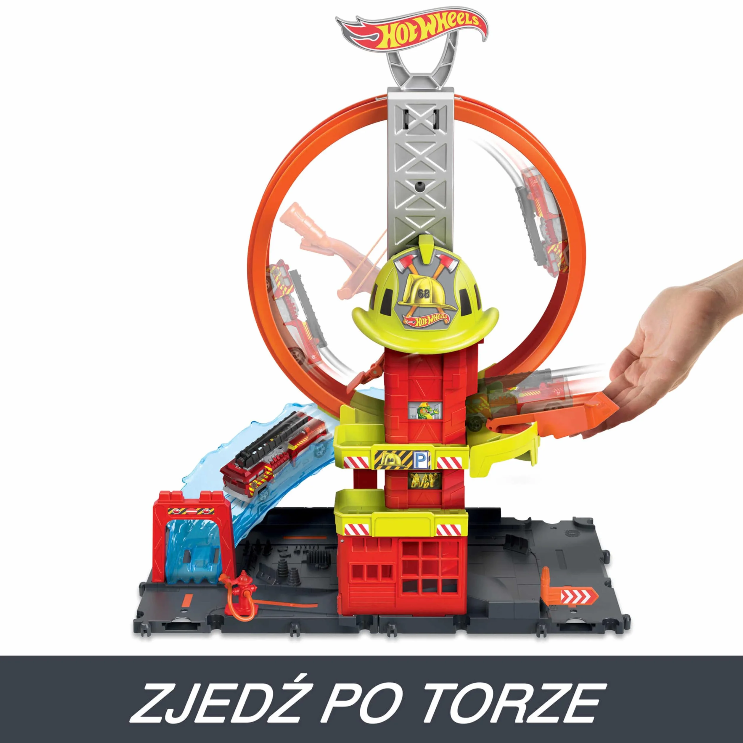 Hot Wheels HKX41 - HW City z 1 samochodem zabawkowym, ręcznie sterowaną windą, rampą przypominającą wodę, elementami toru, remizą strażacką z super pętlą, samochody zabawkowe dla dzieci od 4 lat
