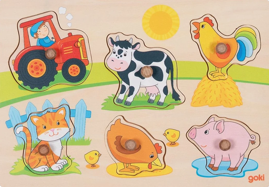 goki 57309 – puzzle wtykane na farmie – puzzle dla małych dzieci z motywami zwierzęcymi i drewnianymi uchwytami