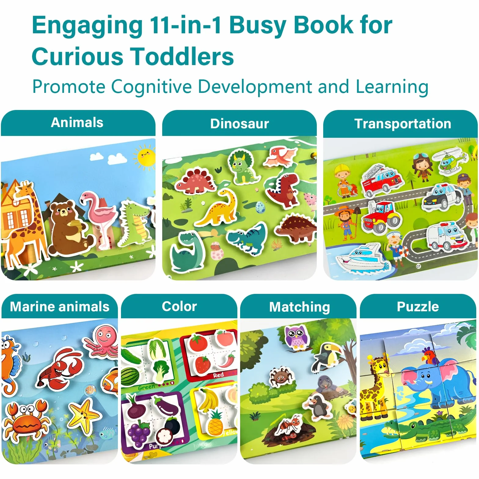 2PC Montessori Busy Book dla dzieci 1 2 3 4 5 lat, Quiet Book, książka z ćwiczeniami do nauki zwierząt, kolory, kształty, owoce, warzywa, pojazdy, żywność i dinozaury