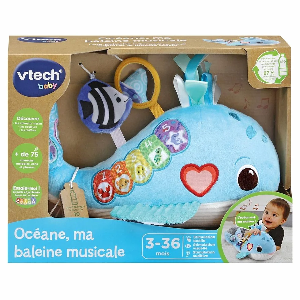 VTech - Ocean, My Musical Whale, interaktywny i zmysłowy pluszak dla niemowląt wykonany z trwalszych materiałów, zabawka do budzenia, prezent z okazji narodzin dziecka od 3 miesięcy - zawartość w