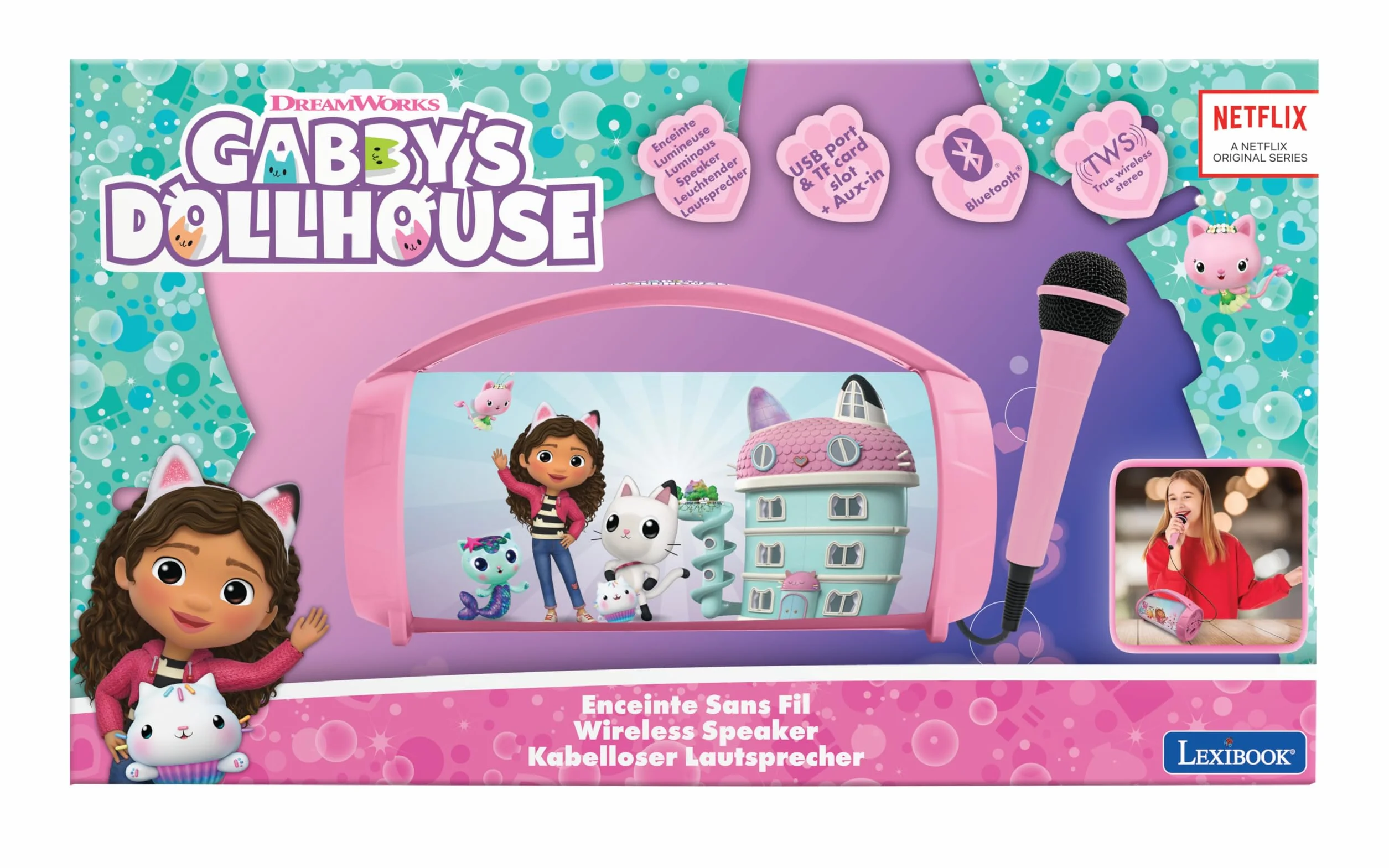 Lexibook, Koci Domek Gabi, Bezprzewodowy Lekki Głośnik z Mikrofonem, Dźwięk Stereo, Funkcja Karaoke, Porty USB i Kart SD, Akumulator, Uchwyt do Przenoszenia, Różowy, BTP585GDHZ
