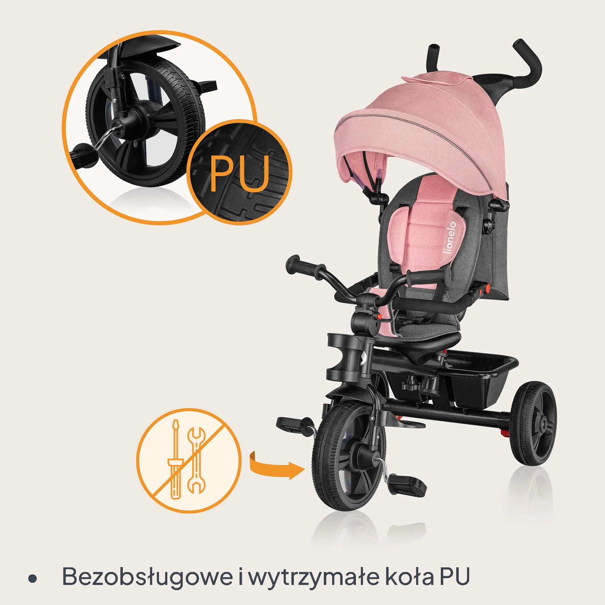 Haari 2 w 1 trójkołowy rower z drążkiem do pchania od 18 miesięcy do 25 kg do przodu i do tyłu, bezdętkowe, gumowe opony, przestronny kosz, torba na napoje