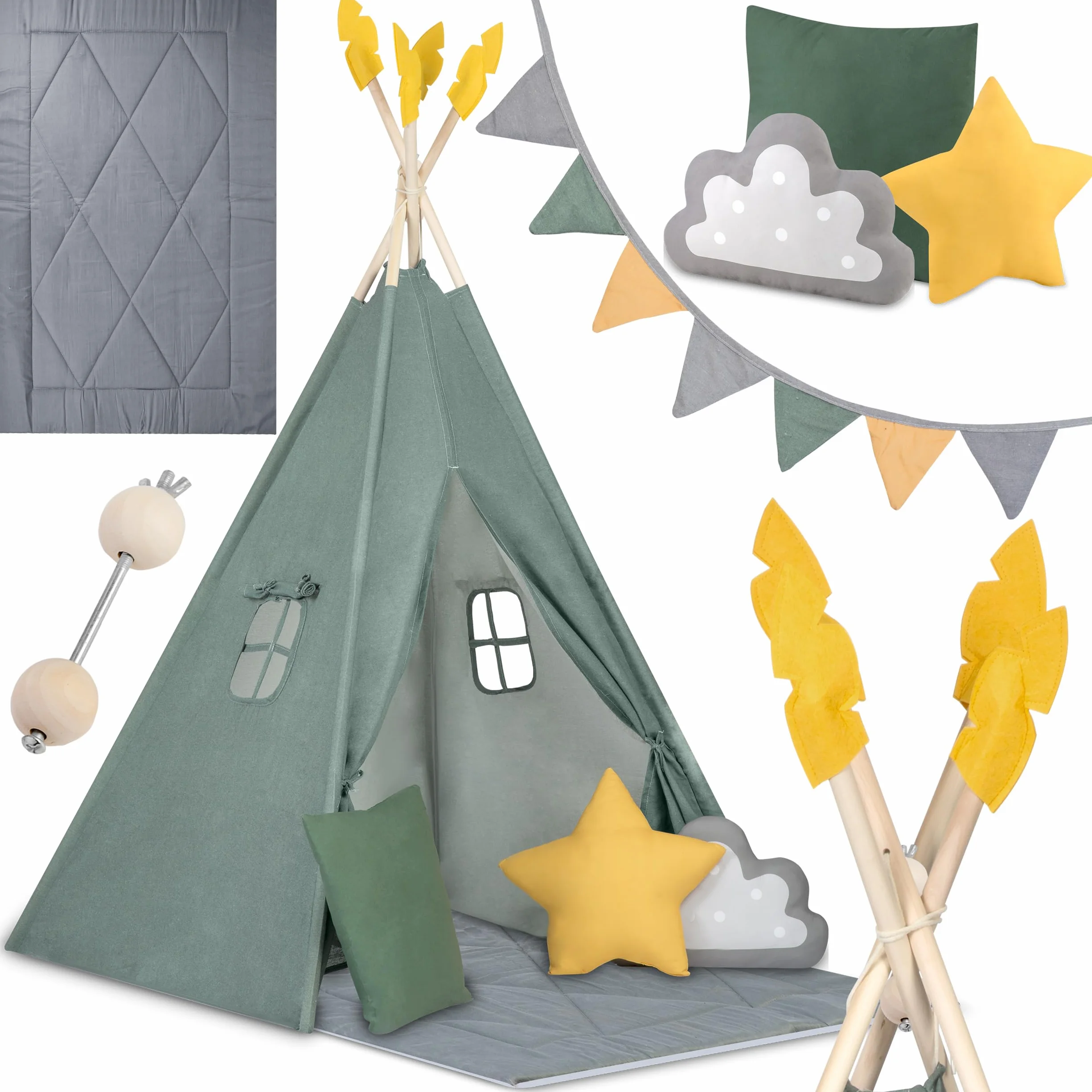 Nukido namiot dla dzieci tipi teepee wigwam z girlandą, poduszkami, dużą matą i stabilizatorem zielony