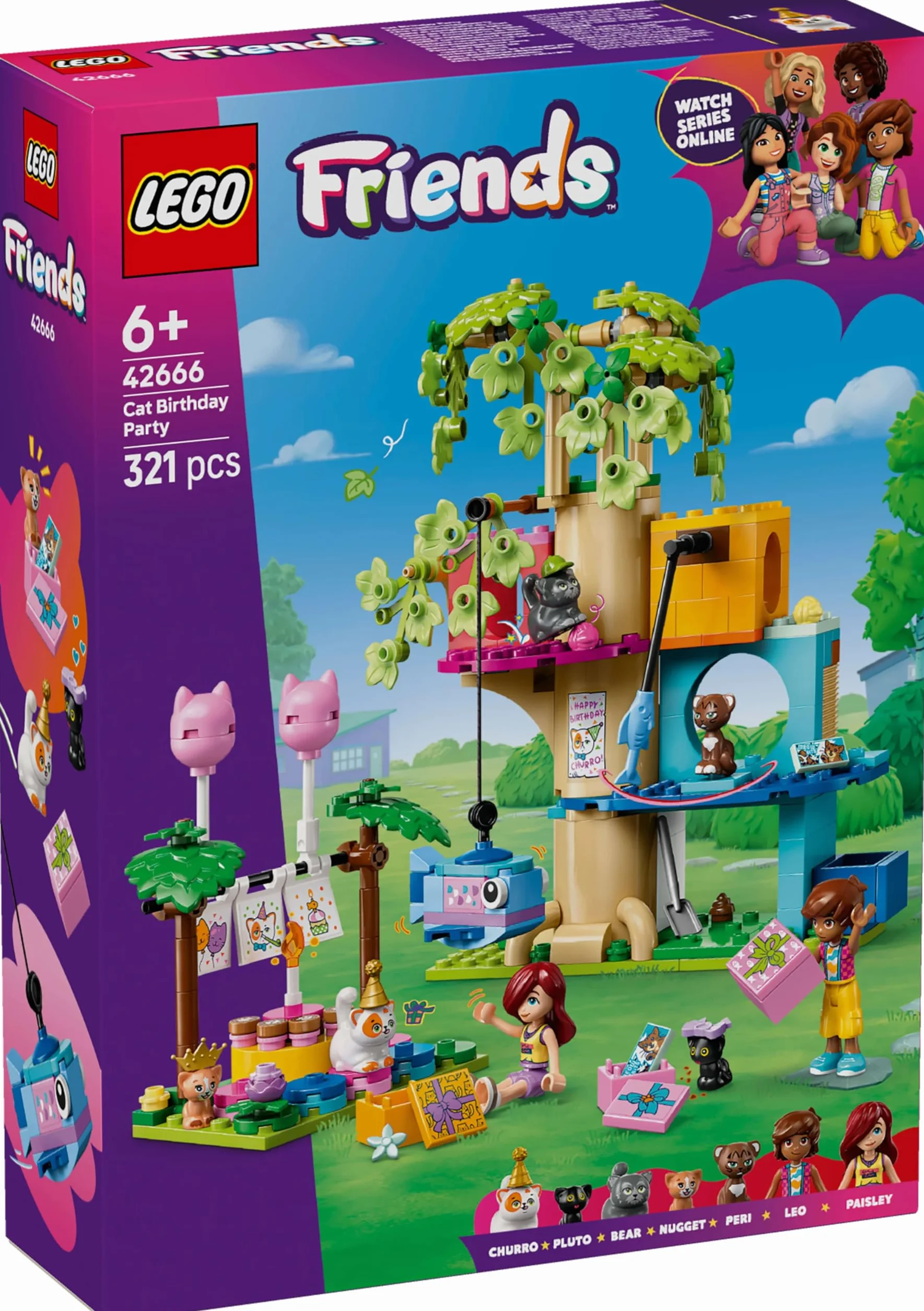LEGO Friends Kocie przyjęcie urodzinowe i domek na drzewie, zabawka dla dziecka z pięcioma figurkami zwierząt, zestaw dla 6-latki i pomysł na prezent dla dziewczynki, chłopca, miłośnika kotów 42666