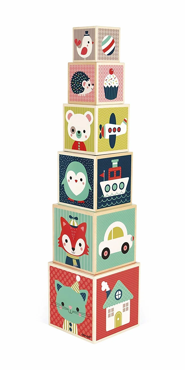 Janod - Baby Forest 6-Cube Wooden Pyramid - Early Learning Toy - Stacking and Building Toy - Fine Motor Skills and Manipulation - from 1 Year Old, J08016