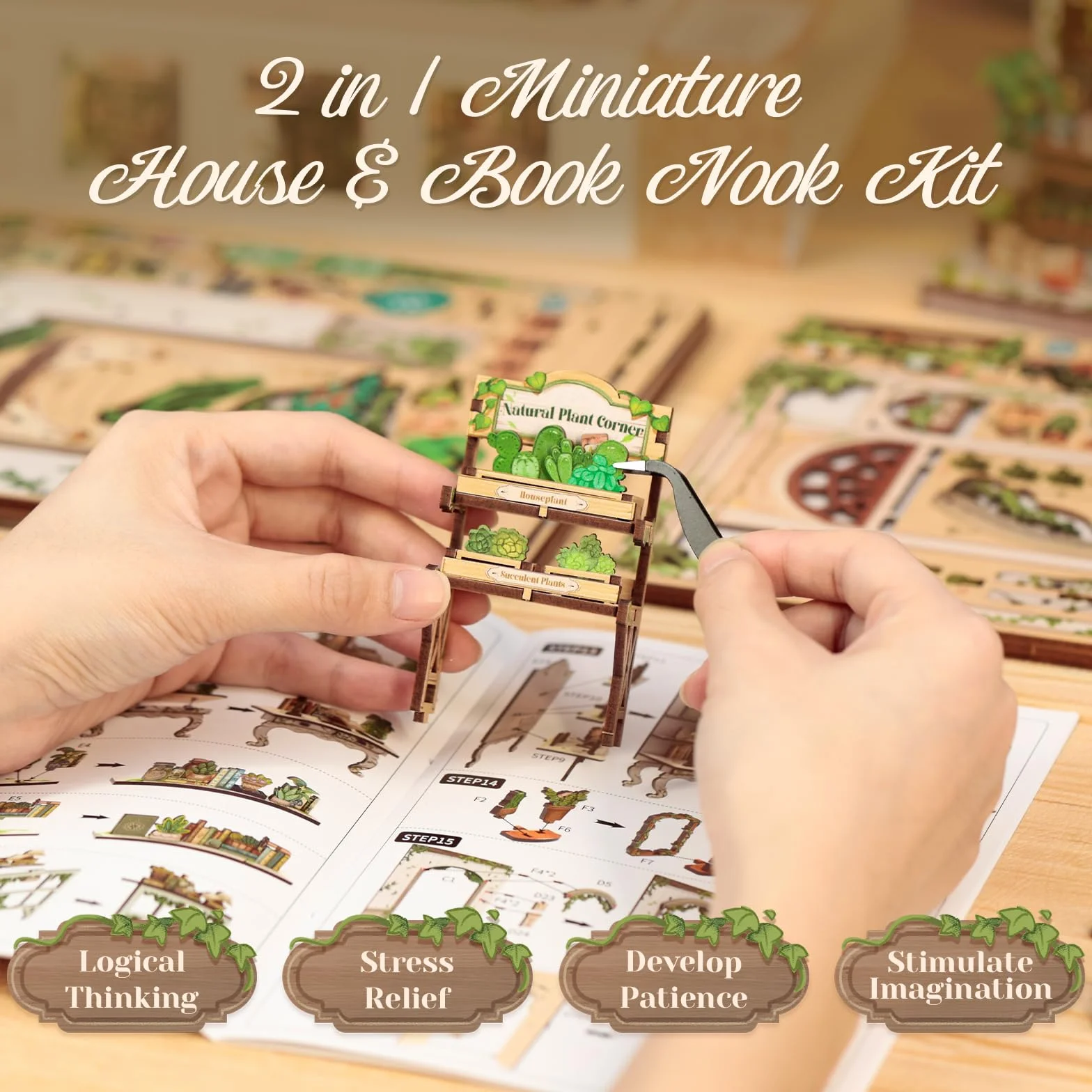 CUTEBEE Book Nook Kit-DIY Domek dla Lalek,Miniaturowy Dom z Zielonymi Roślinami i Oświetleniem LED,Deko na Półkę na Książki,Wyjątkowy Prezent (Green Life Bookshop)
