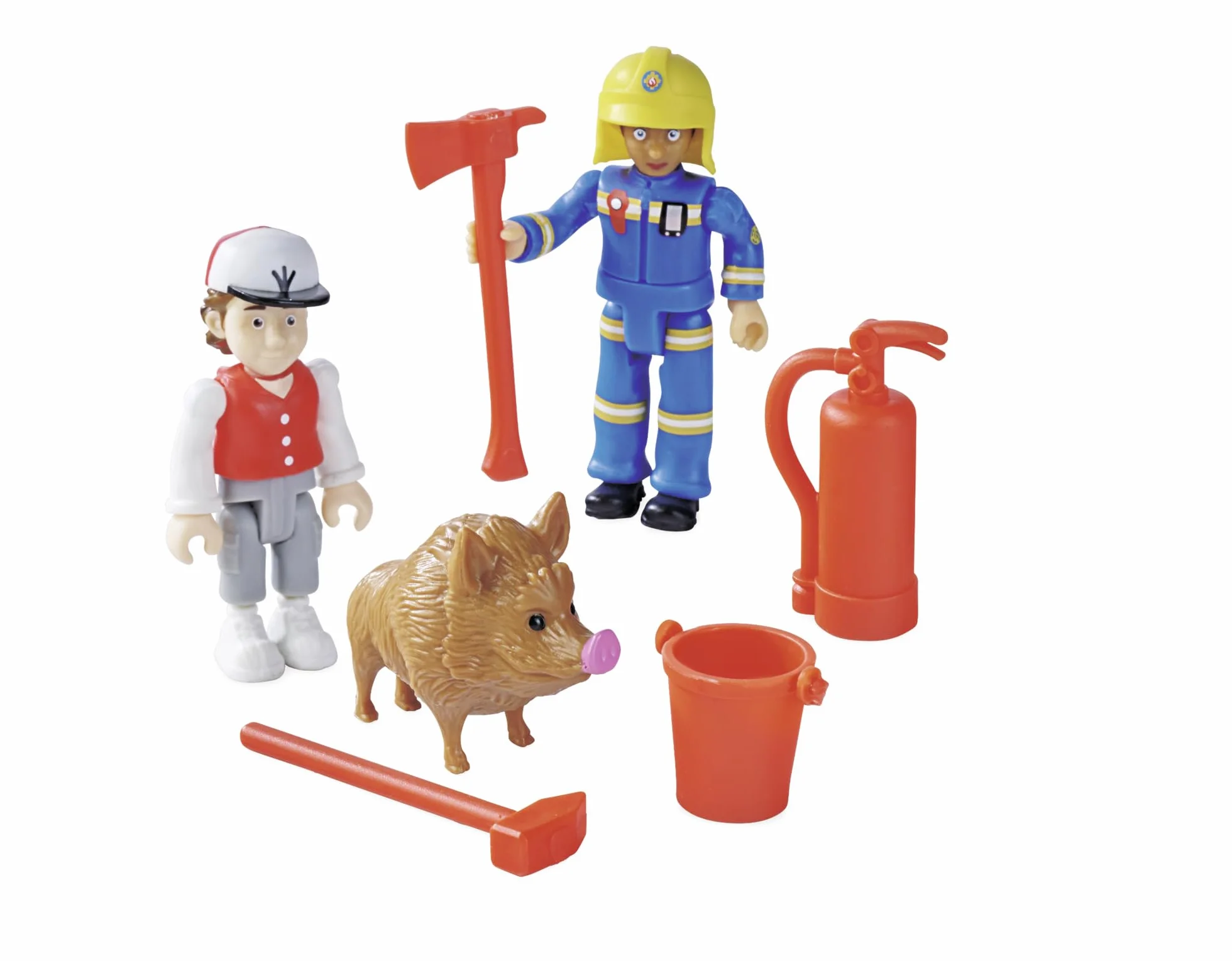 Strażak Sam, figurki podwójne opakowanie V, 4 asortymenty, z nowymi mundurami, każda z 2 figurkami, 1 zwierzę i akcesoria, ruchome, 7,5 cm, od 3 lat