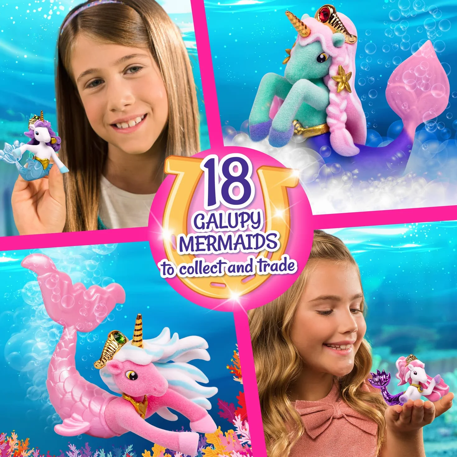 Galupy MERMAID 6-pak – figurki jednorożca syrenka do kolekcjonowania, 6x jednorożec z płetwą i kryształ Swarovski, 18 różnych figurek do zebrania